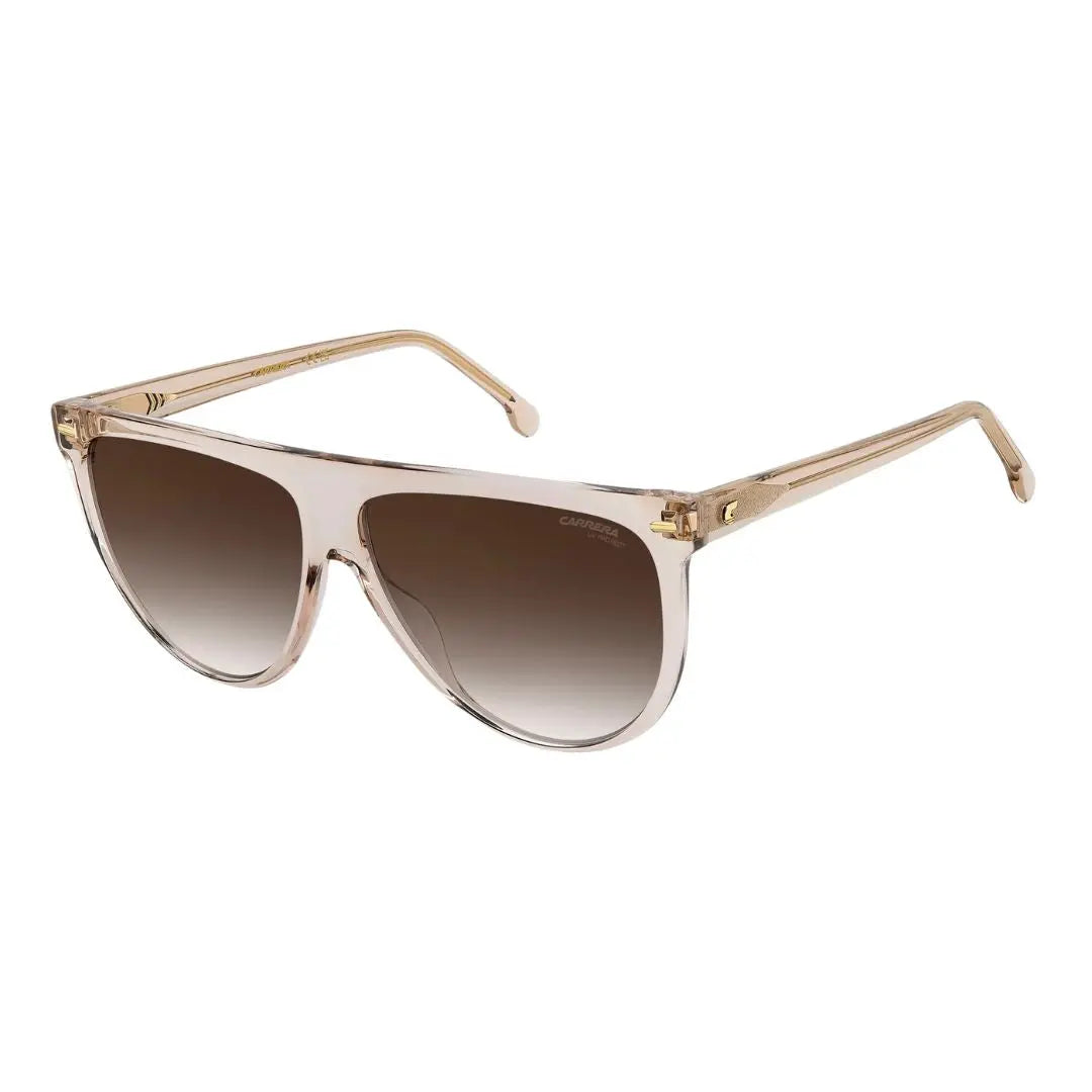 Carrera 3055/S women's sunglasses featuring a chic pink and gold acetate frame. The burgundy mirror lenses provide a bold, high-fashion contrast, finished with the signature Carrera logo on the temples.