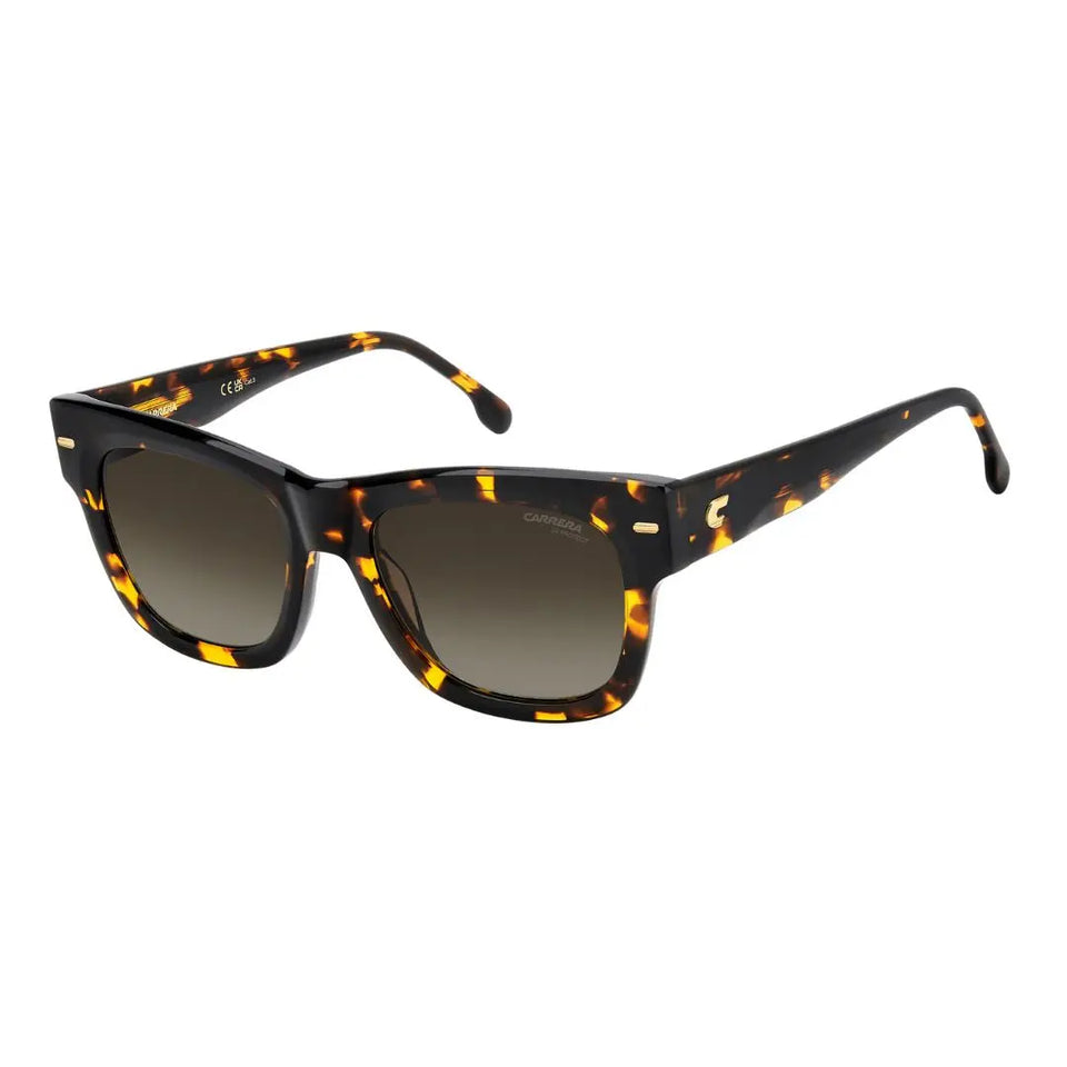 Carrera 3066/S women's sunglasses featuring a classic Havana tortoiseshell acetate frame. The brown gradient lenses are paired with the signature Carrera logo on the temples for a timeless, sporty-chic look.