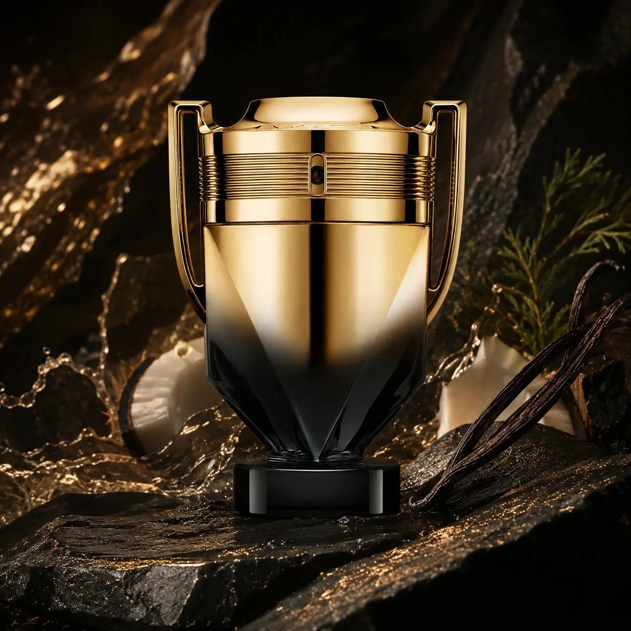 Rabanne Invictus Elixir Parfum 50ml bottle showcased in a premium trophy-style product display with elegant dark luxury styling.