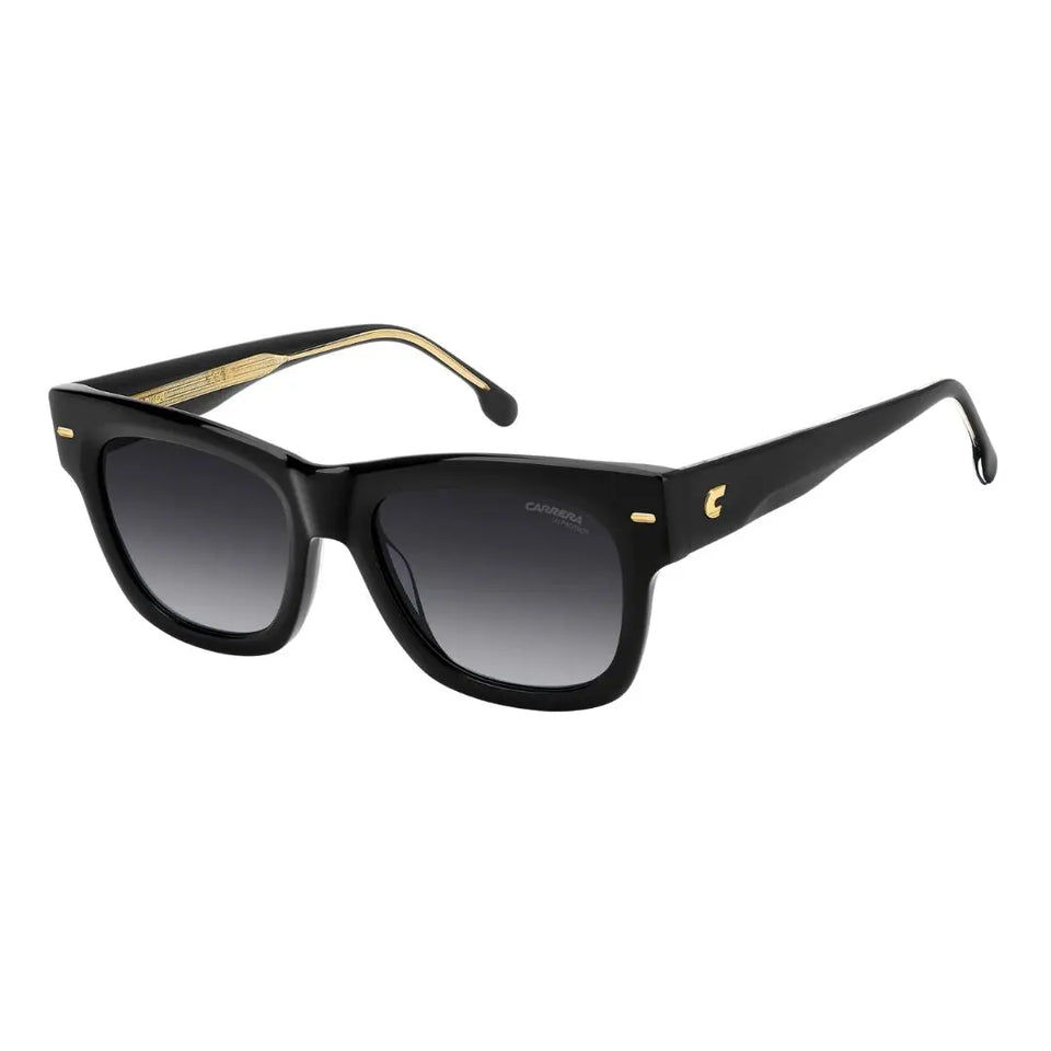 Carrera 3066/S women's sunglasses featuring a polished black acetate rectangular frame. The dark grey shaded gradient lenses are finished with the iconic Carrera logo on the temples.