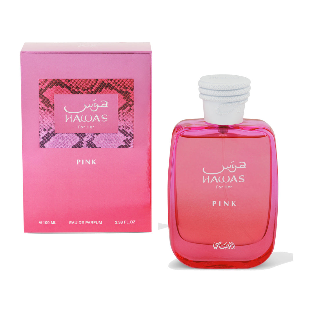 Rasasi Hawas Pink EDP 100ml perfume bottle and box