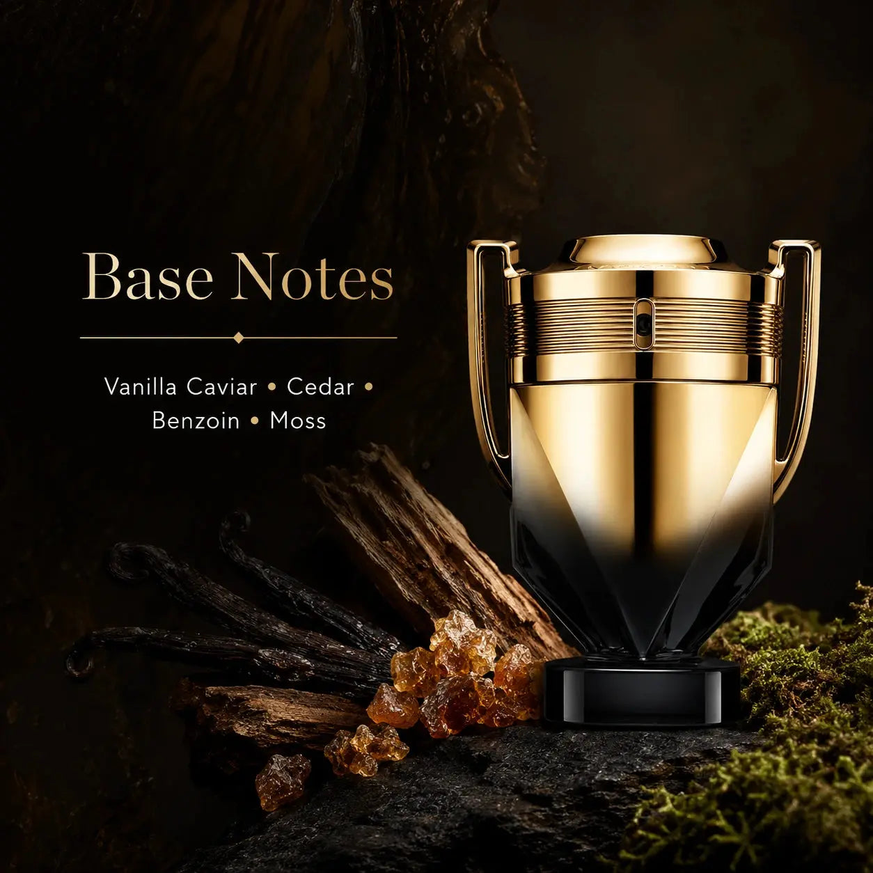Rabanne Invictus Elixir Parfum 50ml visual highlighting vanilla caviar, cedar, benzoin and moss inspired base note richness.