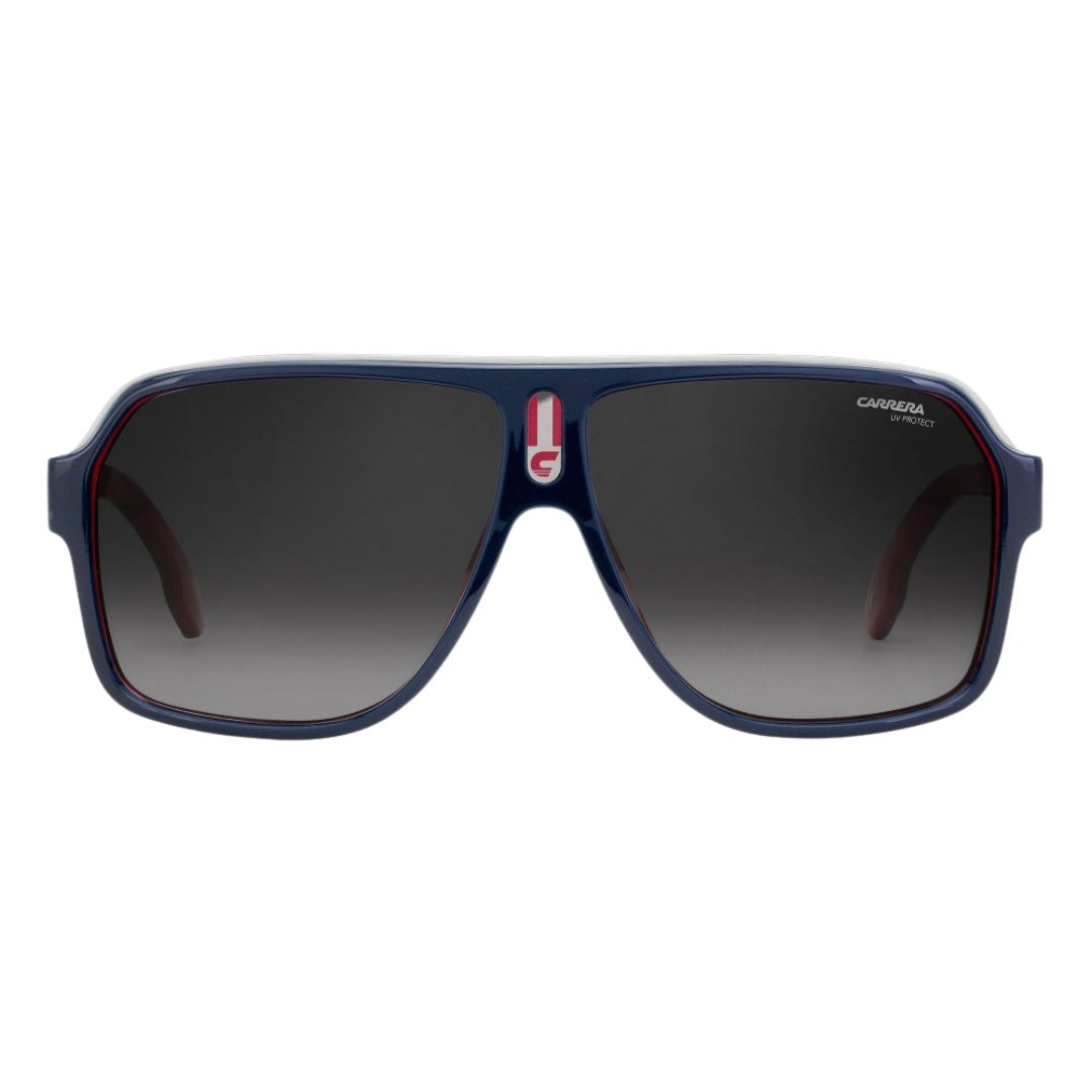 Carrera 1001/S men's oversized square Sunglasses with dark gradient lenses and blue frame on a white background
