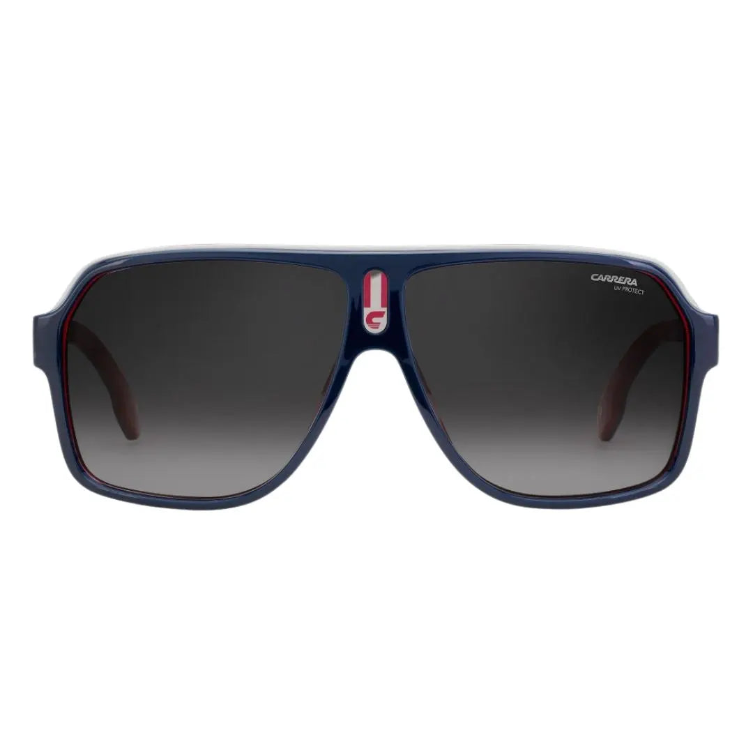 Carrera 1001/S men's oversized square Sunglasses with dark gradient lenses and blue frame on a white background