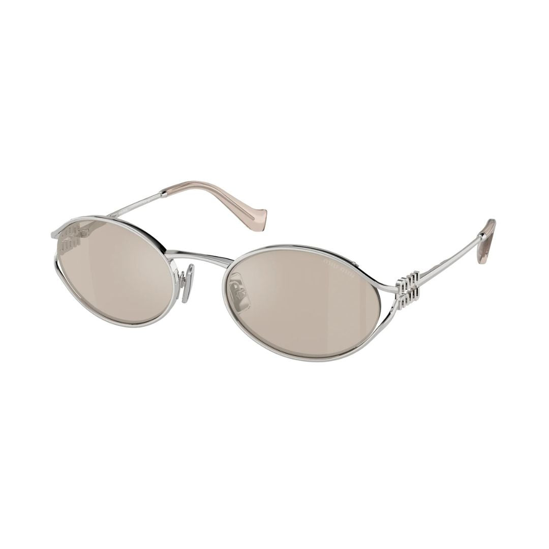 Angled View: Miu Miu MU 52YS 1BC10F Designer Sunglasses – Sophisticated Silver Frame, Stylish Gold-Tinted Lenses