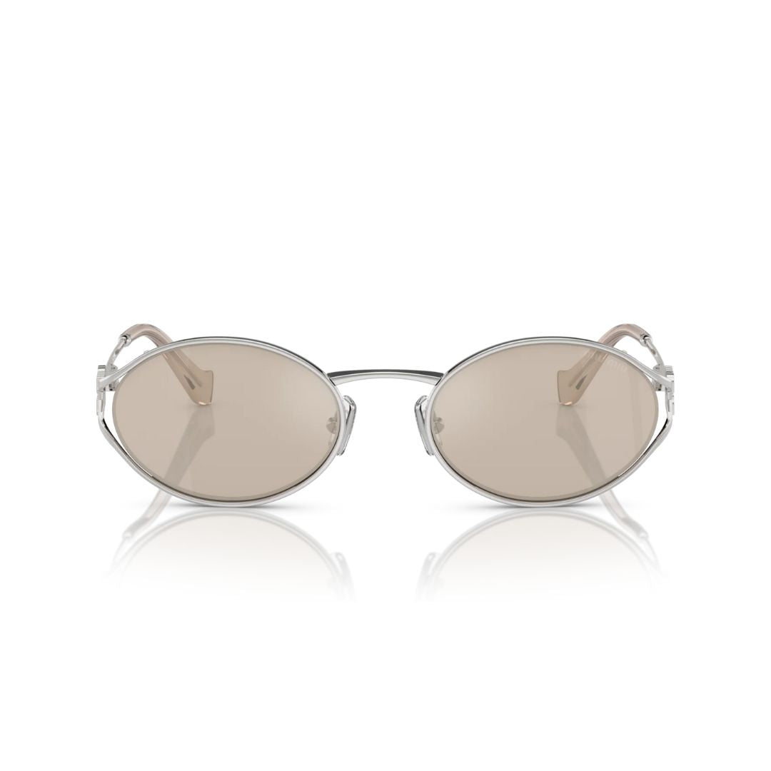 Front View: Miu Miu MU 52YS 1BC10F Women’s Sunglasses – Silver Frame, Pale Gold Gradient Lenses, Luxury Eyewear