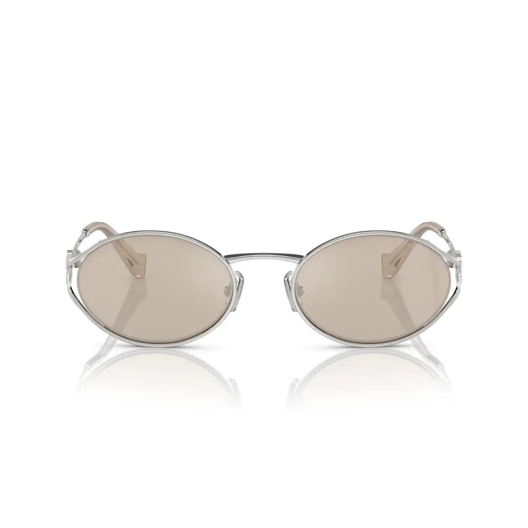 Front View: Miu Miu MU 52YS 1BC10F Women’s Sunglasses – Silver Frame, Pale Gold Gradient Lenses, Luxury Eyewear