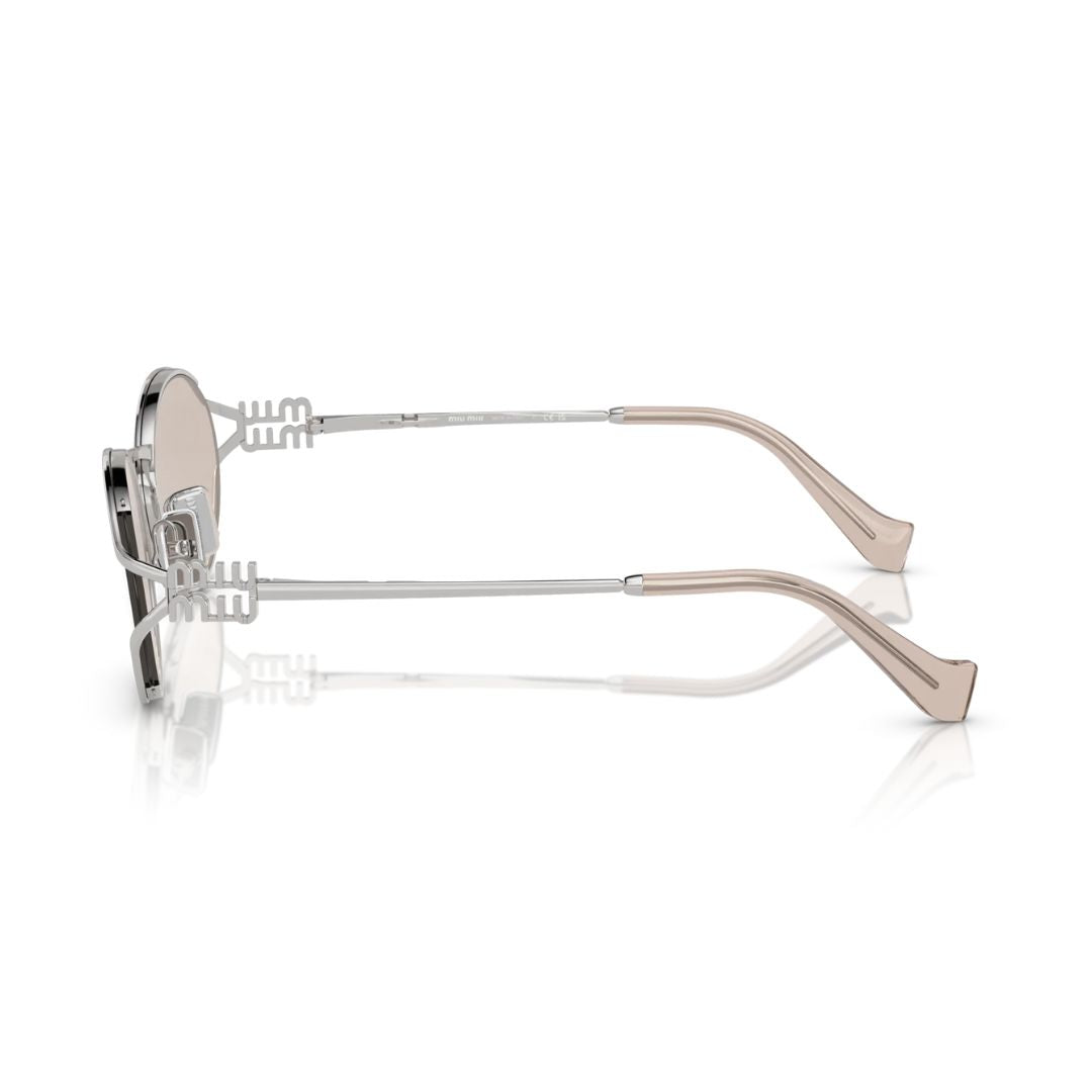 Side View: Miu Miu MU 52YS 1BC10F – Oval Metal Frame, Elegant Silver Finish, Signature Miu Miu Bow Detail