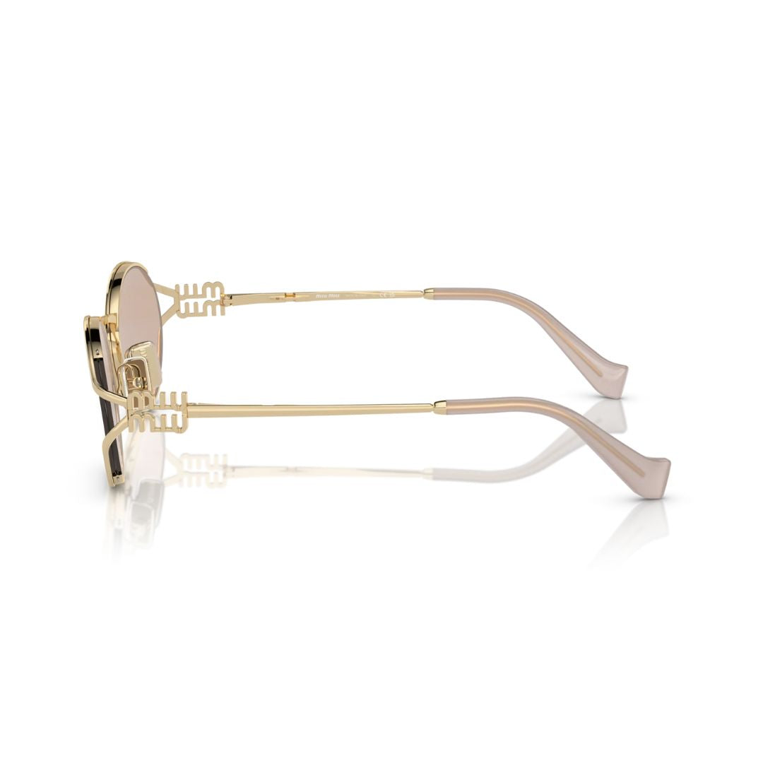 Side View: Miu Miu MU 52YS ZVN20F – Elegant Oval Metal Frame, Signature Miu Miu Cut-Out Detail, Chic Aesthetic