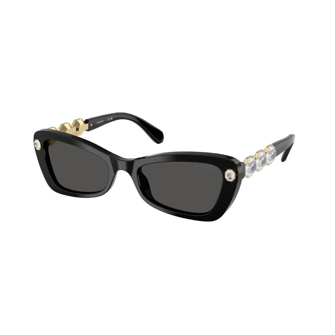 Angled View: Swarovski SK6033 100187 Designer Sunglasses – Glamorous Statement Piece, Solid Dark Grey Lenses, Premium Comfort