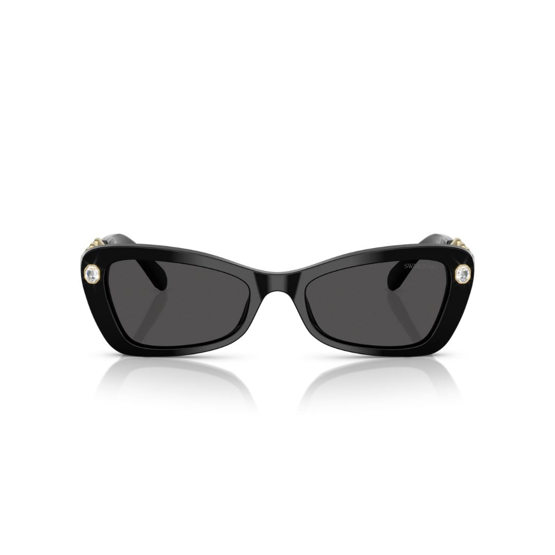 Front View: Swarovski SK6033 100187 Women’s Sunglasses – Black Frame, Dark Grey Lenses, Strass Embellished Luxury Eyewear