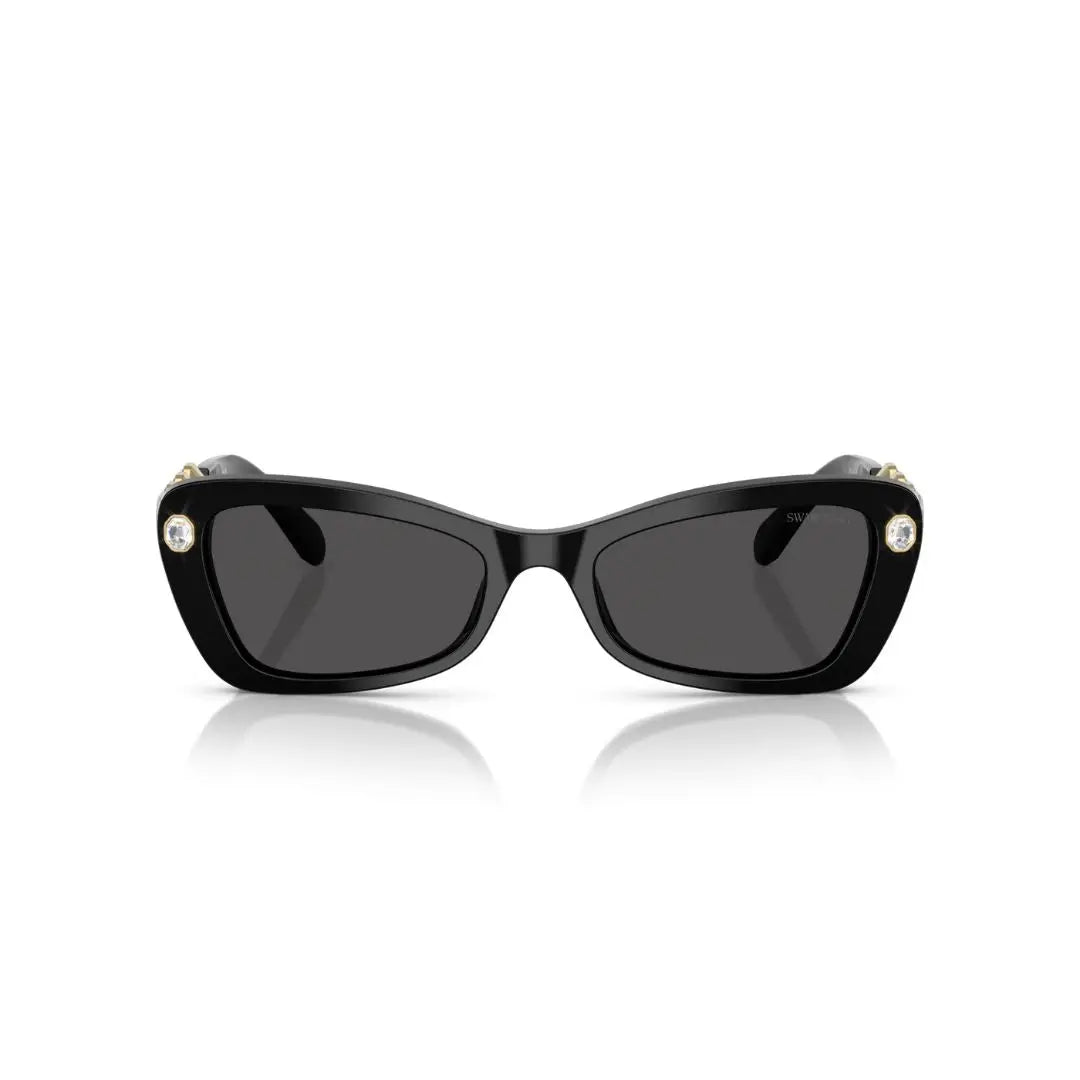 Front View: Swarovski SK6033 100187 Women’s Sunglasses – Black Frame, Dark Grey Lenses, Strass Embellished Luxury Eyewear