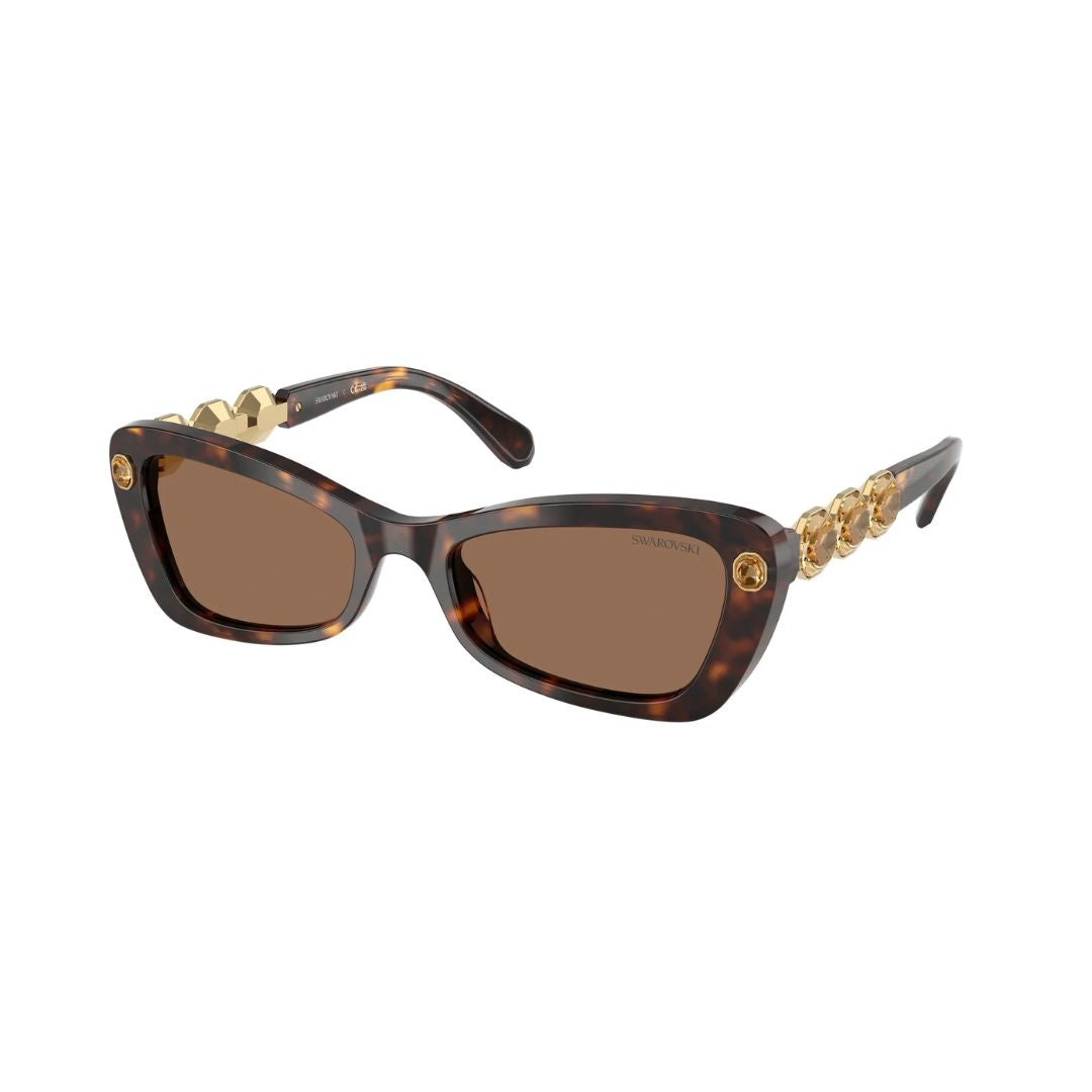 Angled View: Swarovski SK6033 100273 Designer Sunglasses – Glamorous Statement Piece, Solid Dark Brown Lenses, Premium Comfort