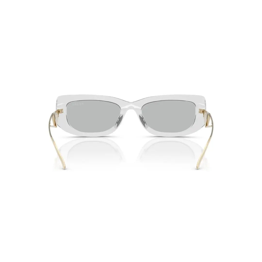 Back View: Prada PR 14YS 12R50K Sunglasses – Solid Light Grey Lenses, Elegant Prada Branding, Italian Craftsmanship