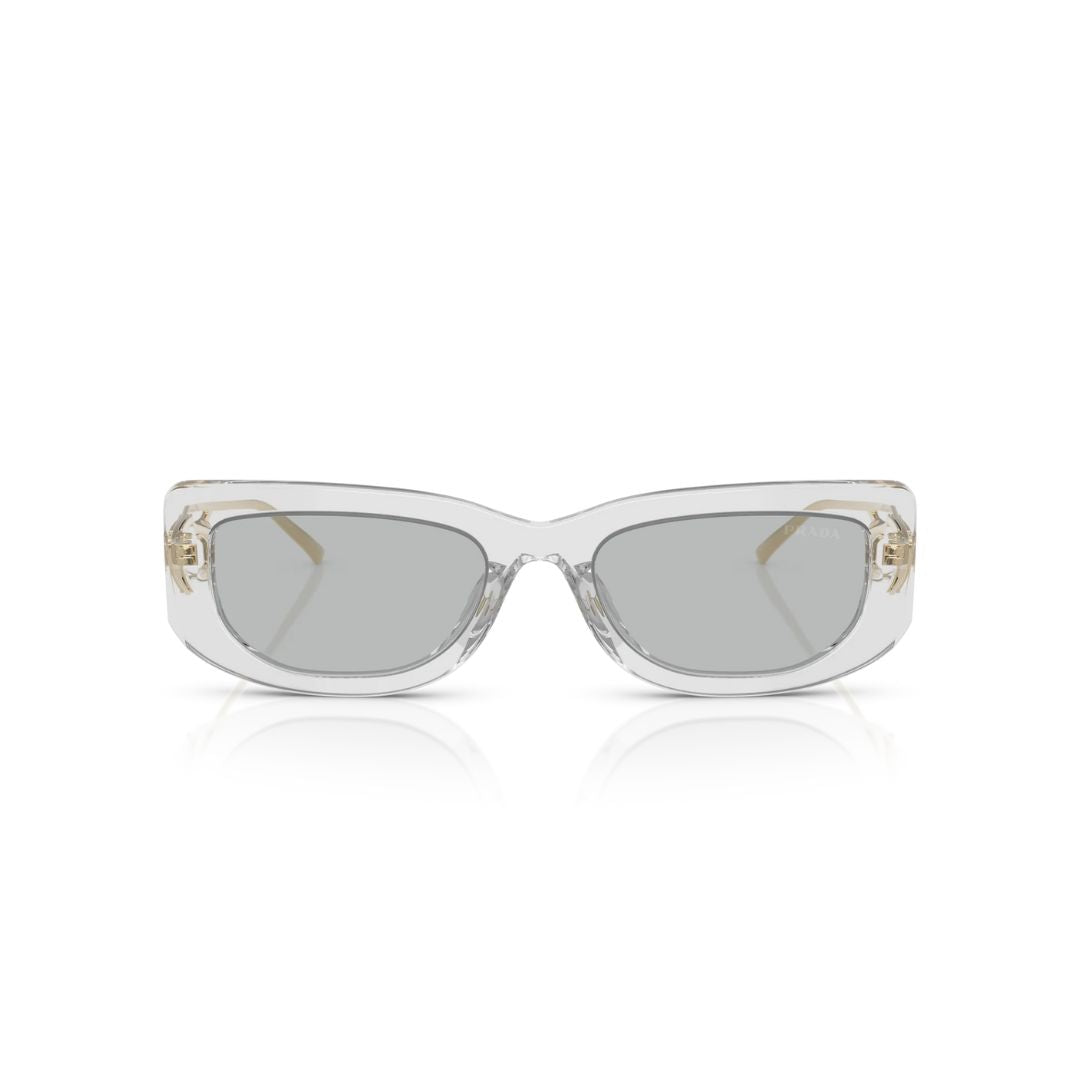 Front View: Prada PR 14YS 12R50K Women’s Sunglasses – Transparent Grey Frame, Light Grey Lenses, Luxury Eyewear