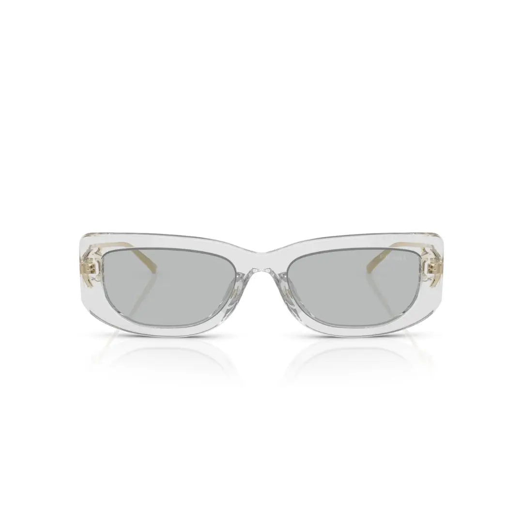 Front View: Prada PR 14YS 12R50K Women’s Sunglasses – Transparent Grey Frame, Light Grey Lenses, Luxury Eyewear