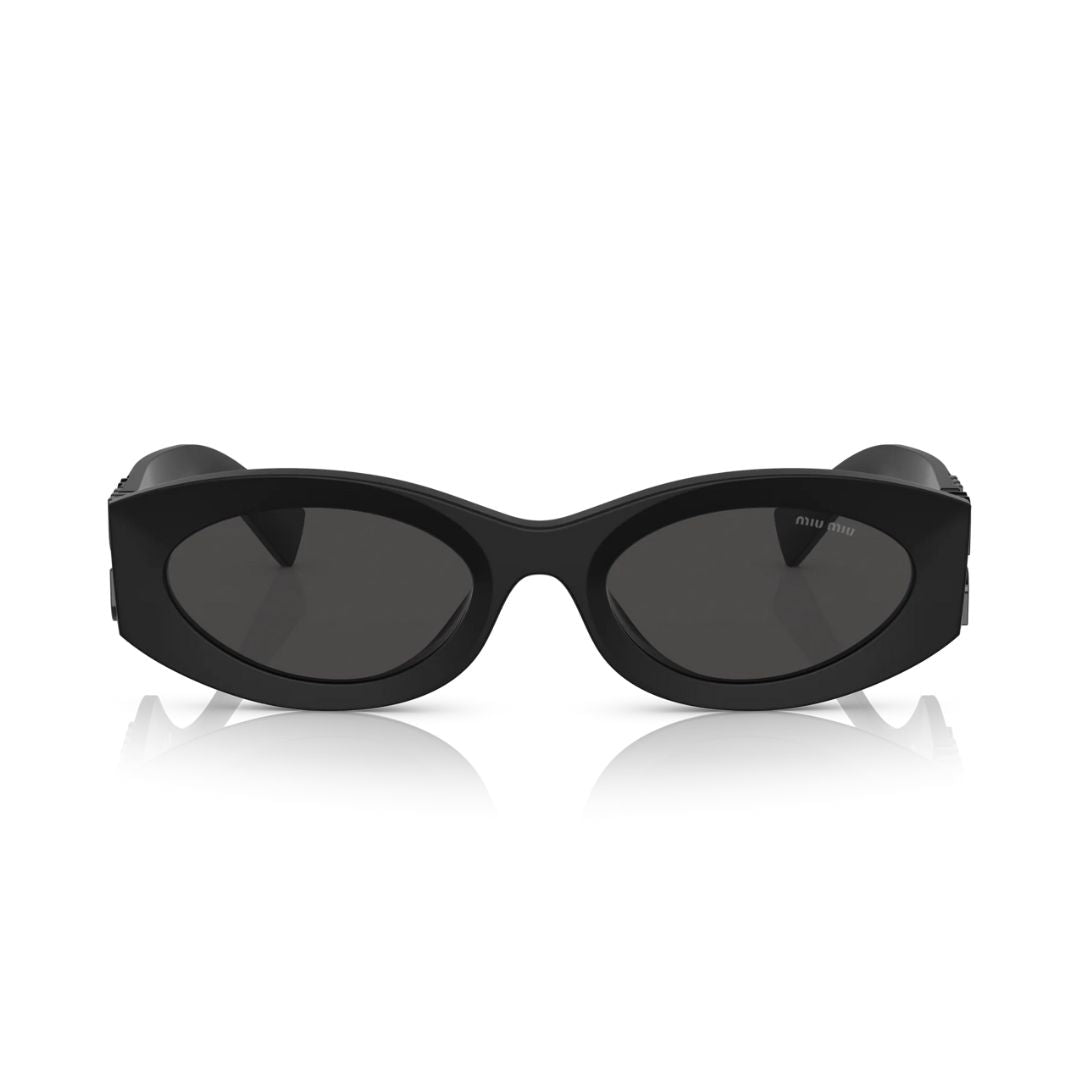 Front View: Miu Miu MU 11WS 1BO5S0 Women’s Sunglasses – Matte Black Frame, Dark Grey Lenses, High-Fashion Luxury Eyewear