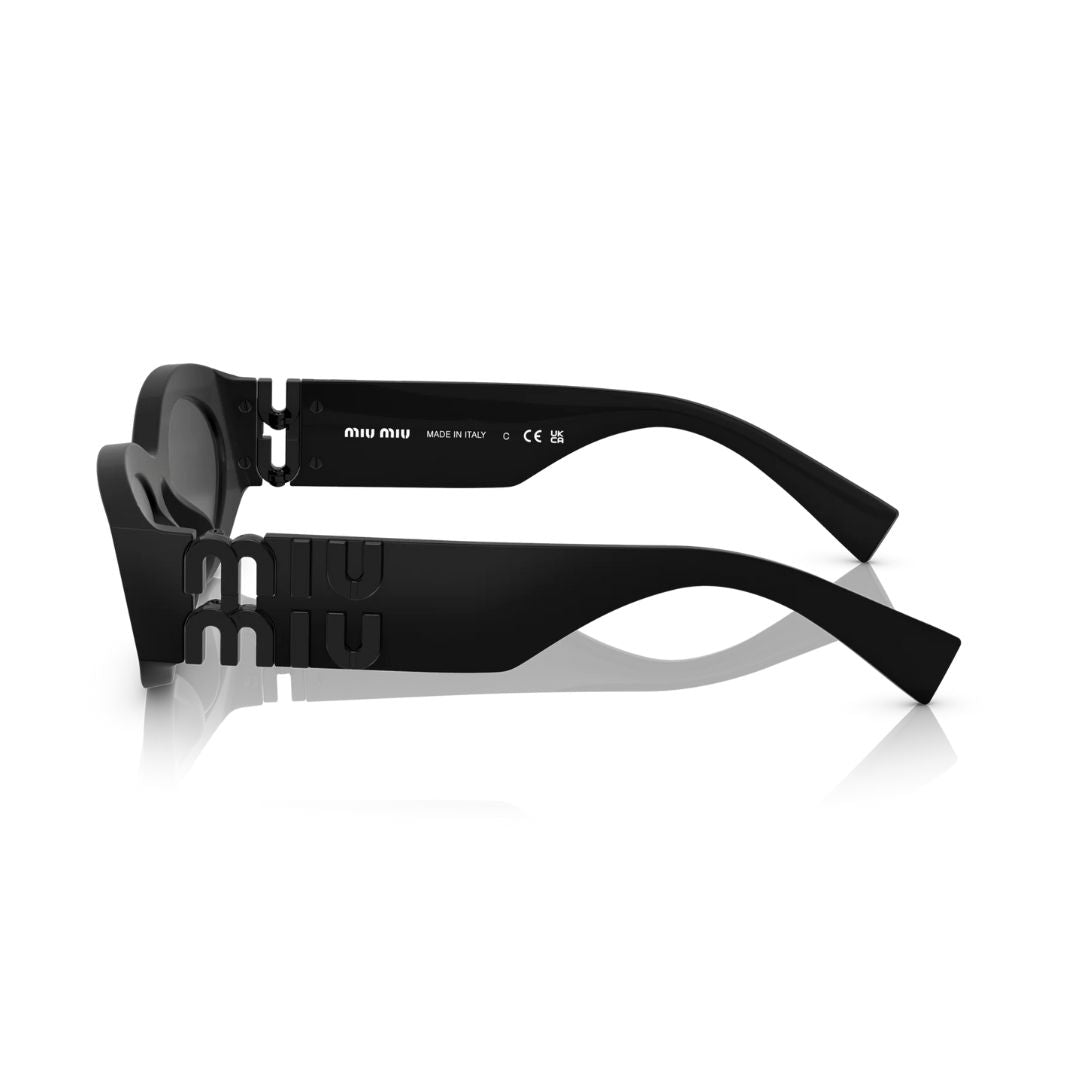 Side View: Miu Miu MU 11WS 1BO5S0 Women’s Sunglasses – Oval Acetate Frame, Matte Black Finish, Elegant Gold Accents