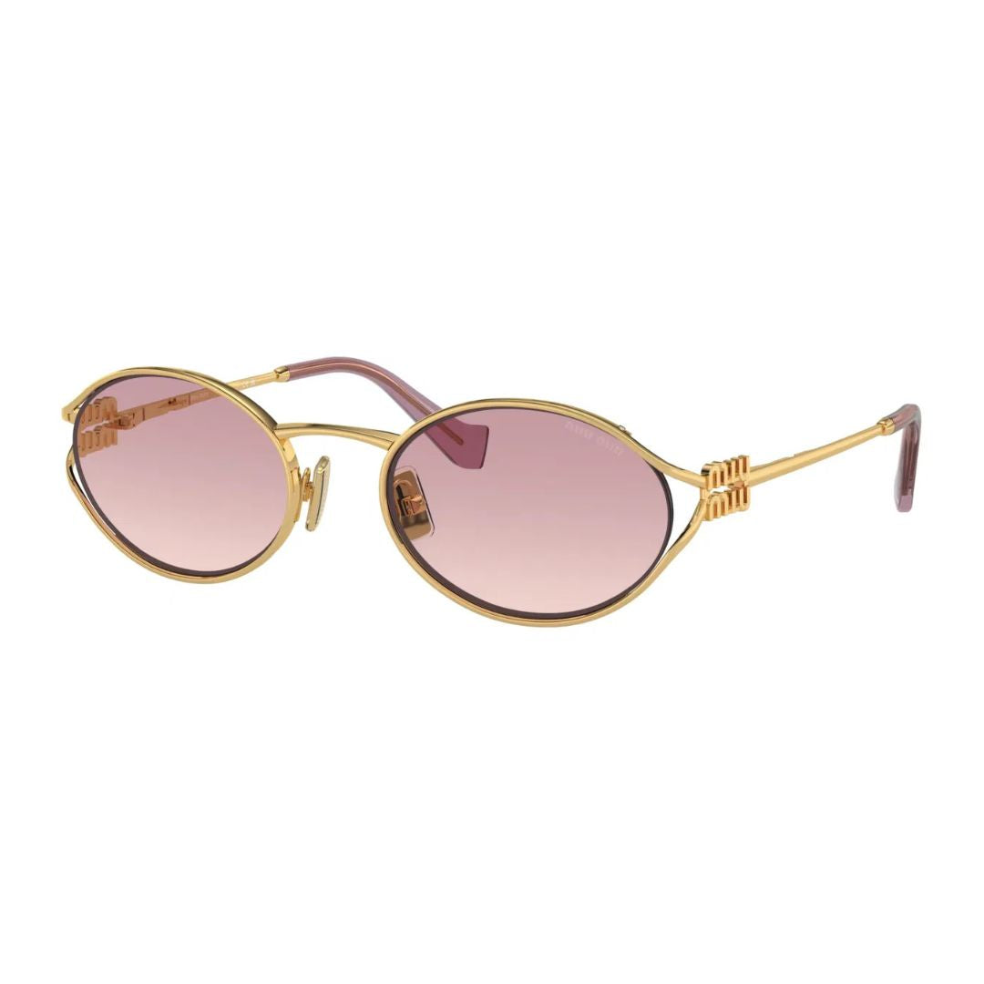 Angled View: Miu Miu MU 52YS 5AK06S Designer Sunglasses – Sleek Gold Finish, Feminine & Modern Appeal