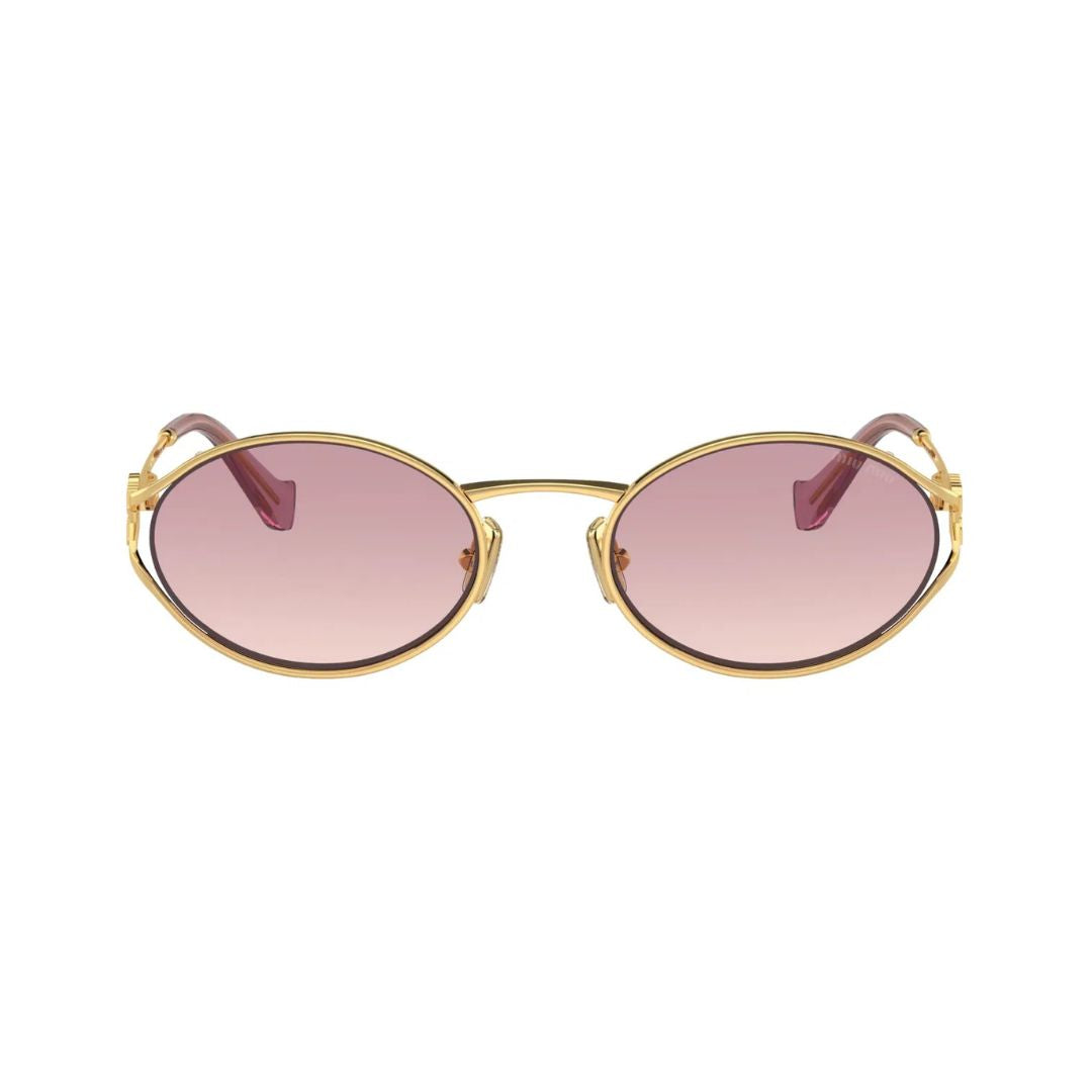 Front View: Miu Miu MU 52YS 5AK06S Women’s Sunglasses – Gold Frame, Brown Gradient Violet Lenses, Luxury Eyewear