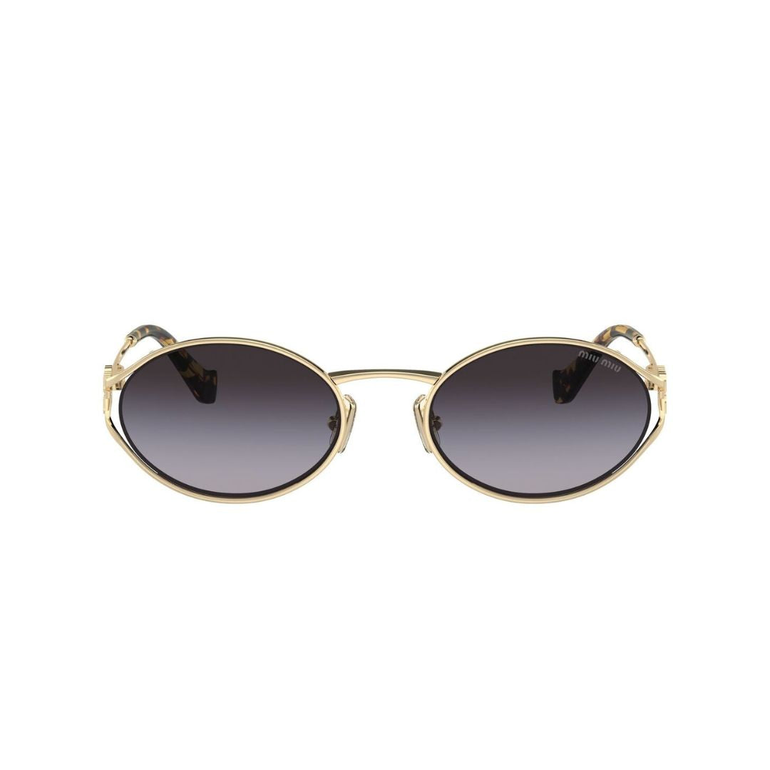 Front View: Miu Miu MU 52YS ZVN5D1 Women’s Sunglasses – Pale Gold Frame, Grey Gradient Lenses, Luxury Eyewear