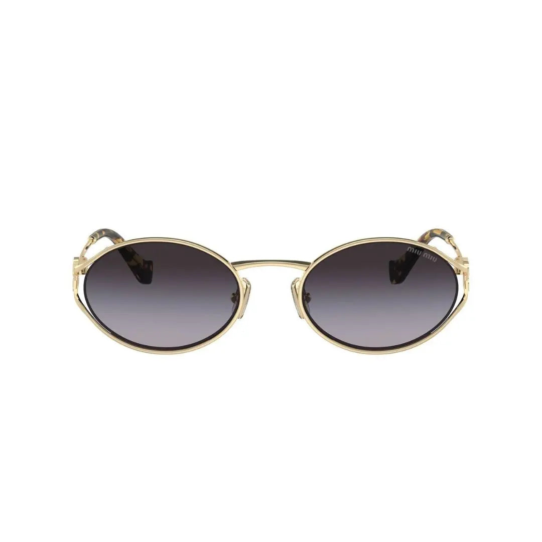 Front View: Miu Miu MU 52YS ZVN5D1 Women’s Sunglasses – Pale Gold Frame, Grey Gradient Lenses, Luxury Eyewear
