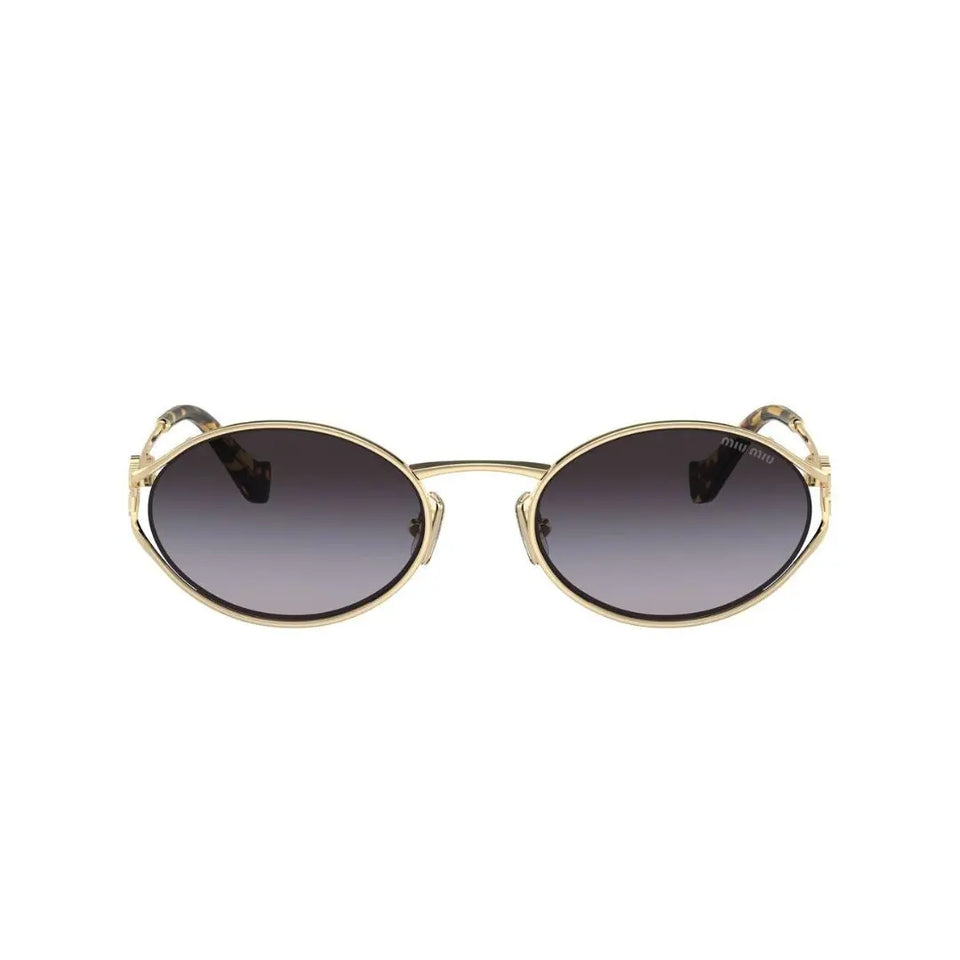 Front View: Miu Miu MU 52YS ZVN5D1 Women’s Sunglasses – Pale Gold Frame, Grey Gradient Lenses, Luxury Eyewear