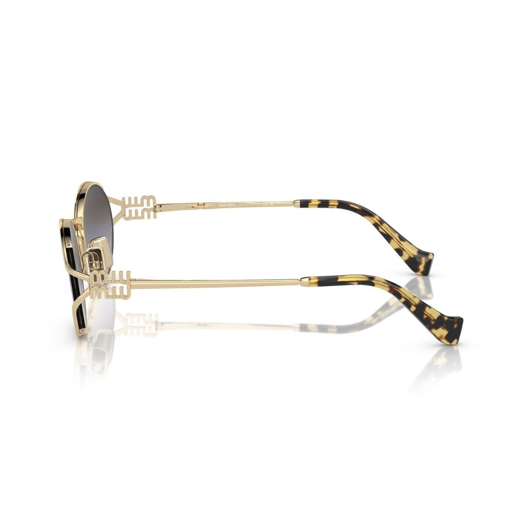 Side View: Miu Miu MU 52YS ZVN5D1 – Elegant Oval Metal Frame, Signature Miu Miu Bow Temple Detail