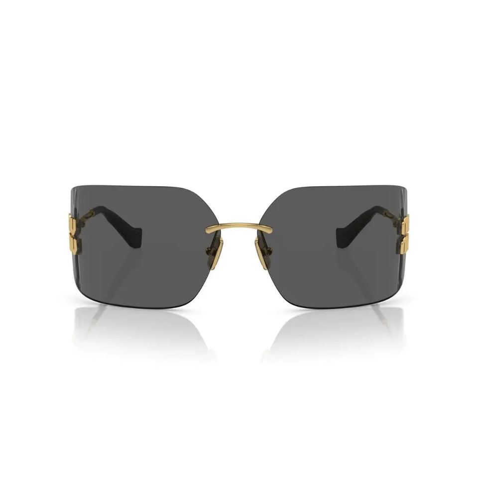 Front View: Miu Miu MU 54YS 5AK5S0 Women’s Sunglasses – Gold Frame, Dark Grey Lenses, Luxury Eyewear