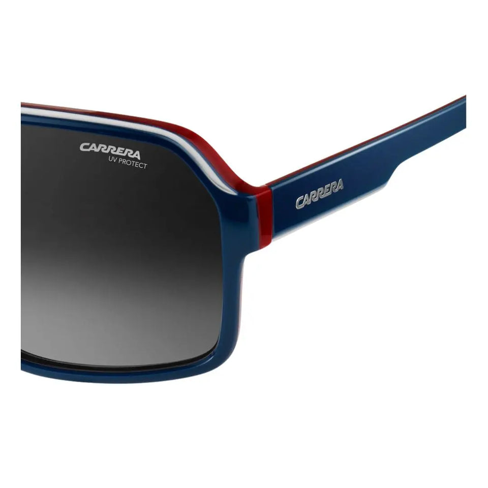 Side Carrera 1001/S men's oversized square sunglasses with blue frame and red accents on a white background