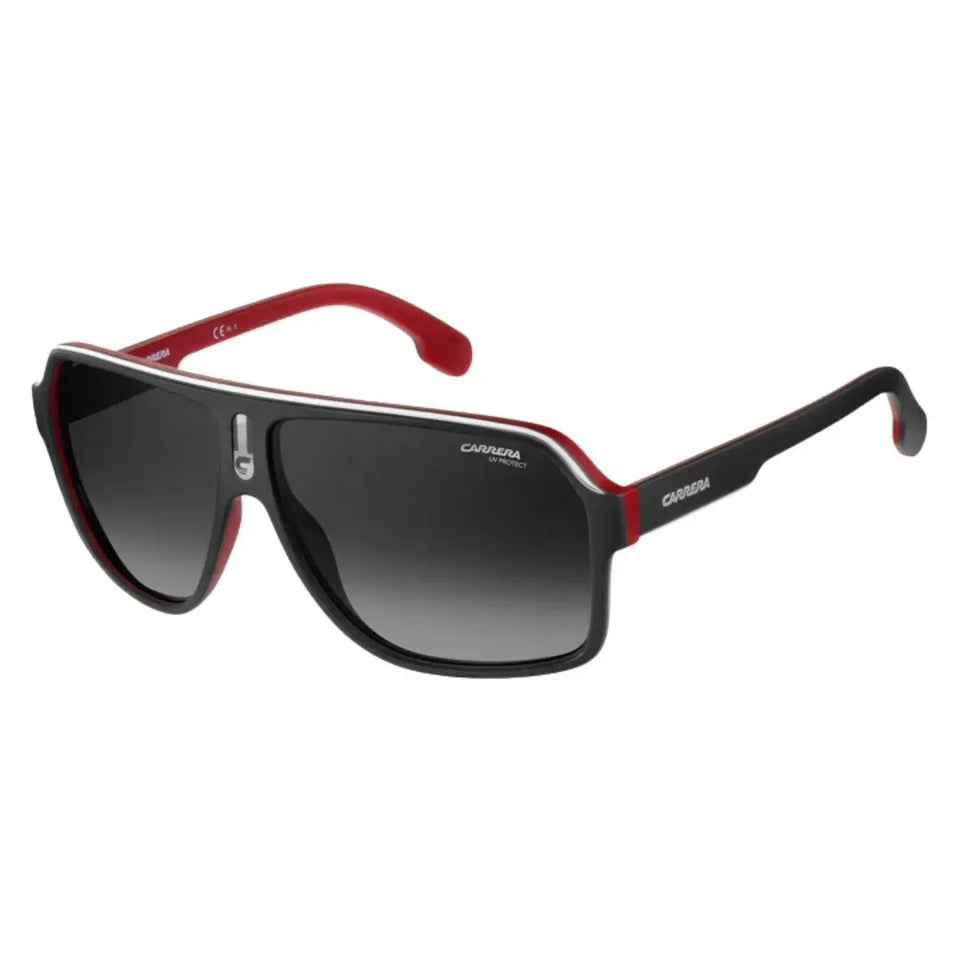 Carrera 1001/S men's oversized square sunglasses featuring a matte black and crystal red multilayered frame. The dark grey shaded lenses are accented by the signature 'C' monogram on the double bridge.