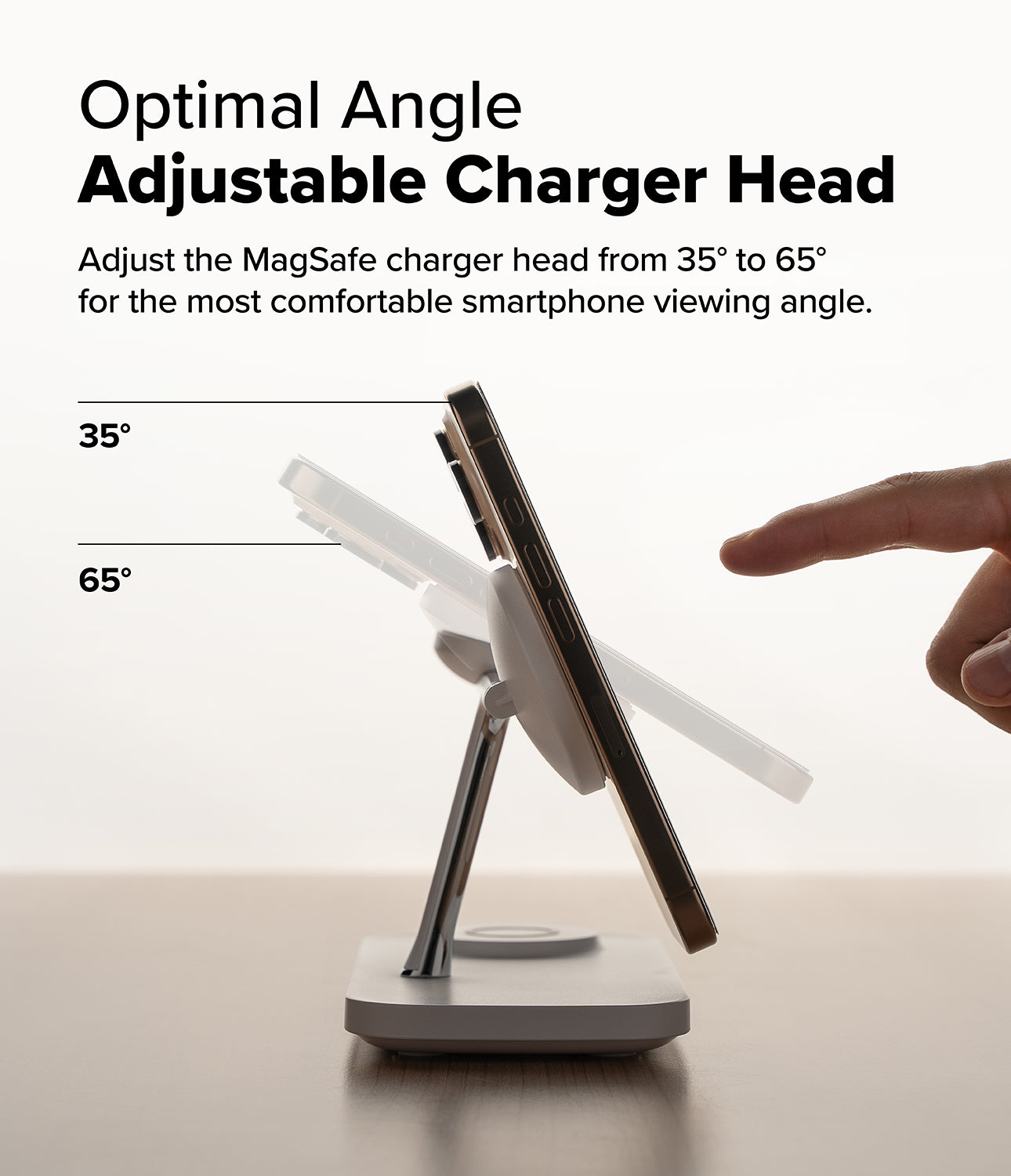 Side view of the Ringke charging stand, highlighting the adjustable 15W MagSafe phone pad.