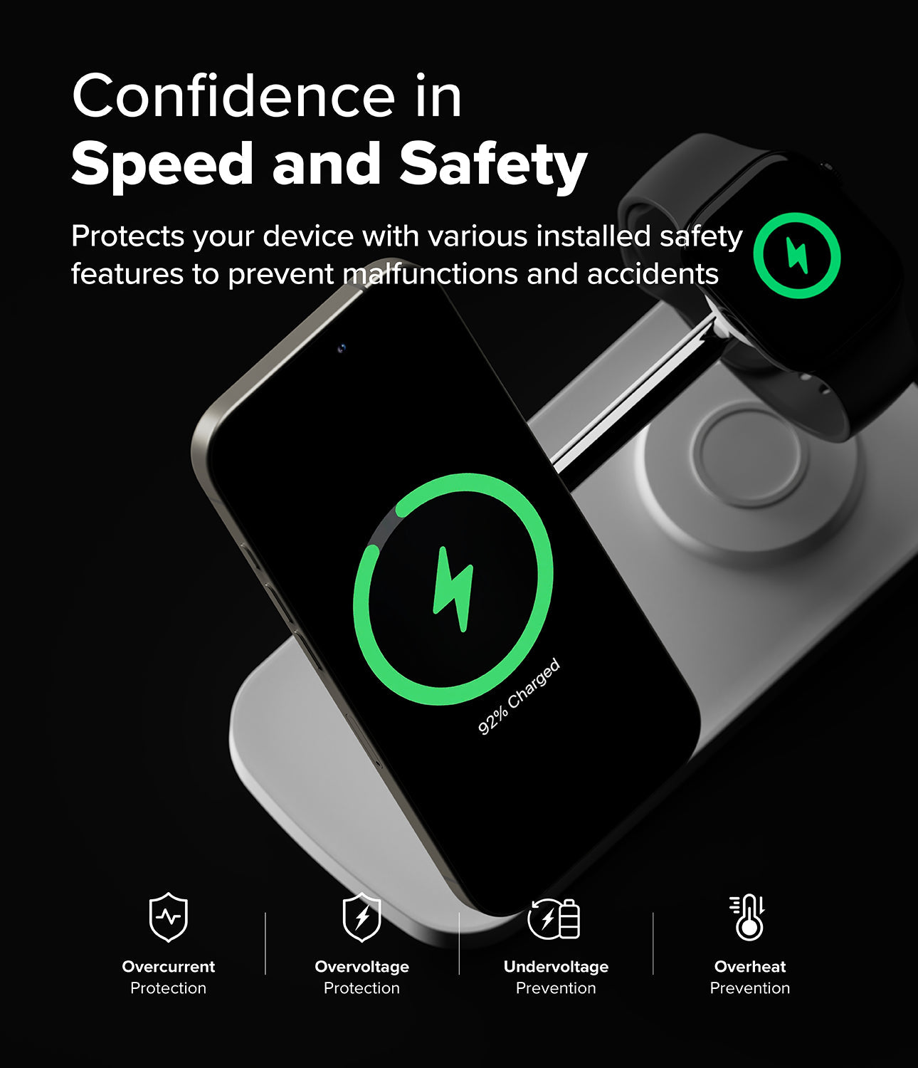 The sleek, minimalist design of the Ringke 3-in-1 wireless charging station with clean cable management.