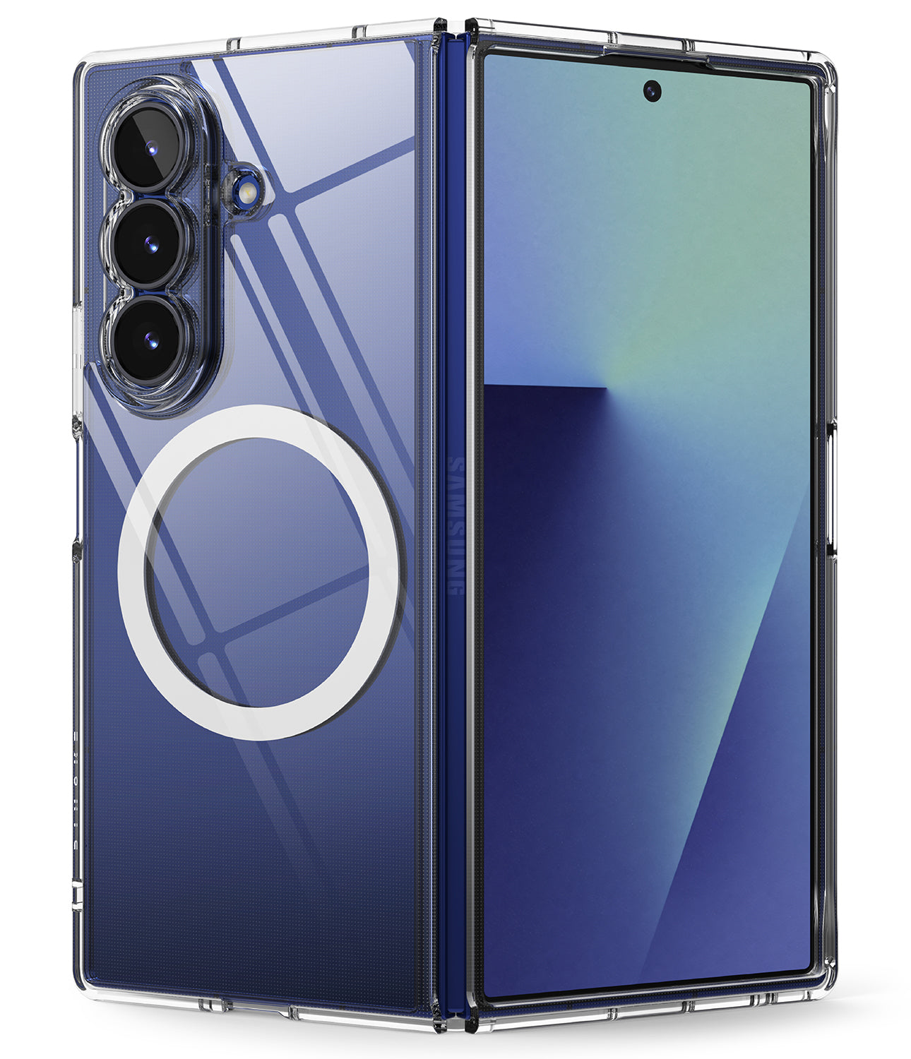 Ringke Fusion Magnetic Clear case on a Samsung Galaxy Z Fold 7, showing the transparent hybrid material and magnetic ring.