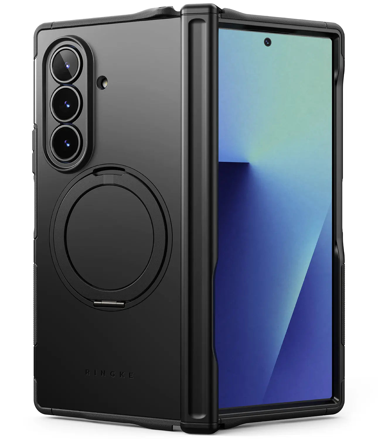 Ringke Alles heavy-duty case in Black on a Samsung Galaxy Z Fold 7, showing the built-in aluminum alloy kickstand extended.