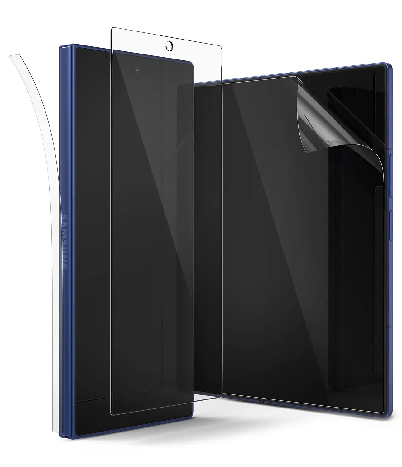 Ringke 3-in-1 Protector Pro Film kit for Samsung Galaxy Z Fold 7, showing the 9H glass, self-healing EPU film, and TPU hinge cover.