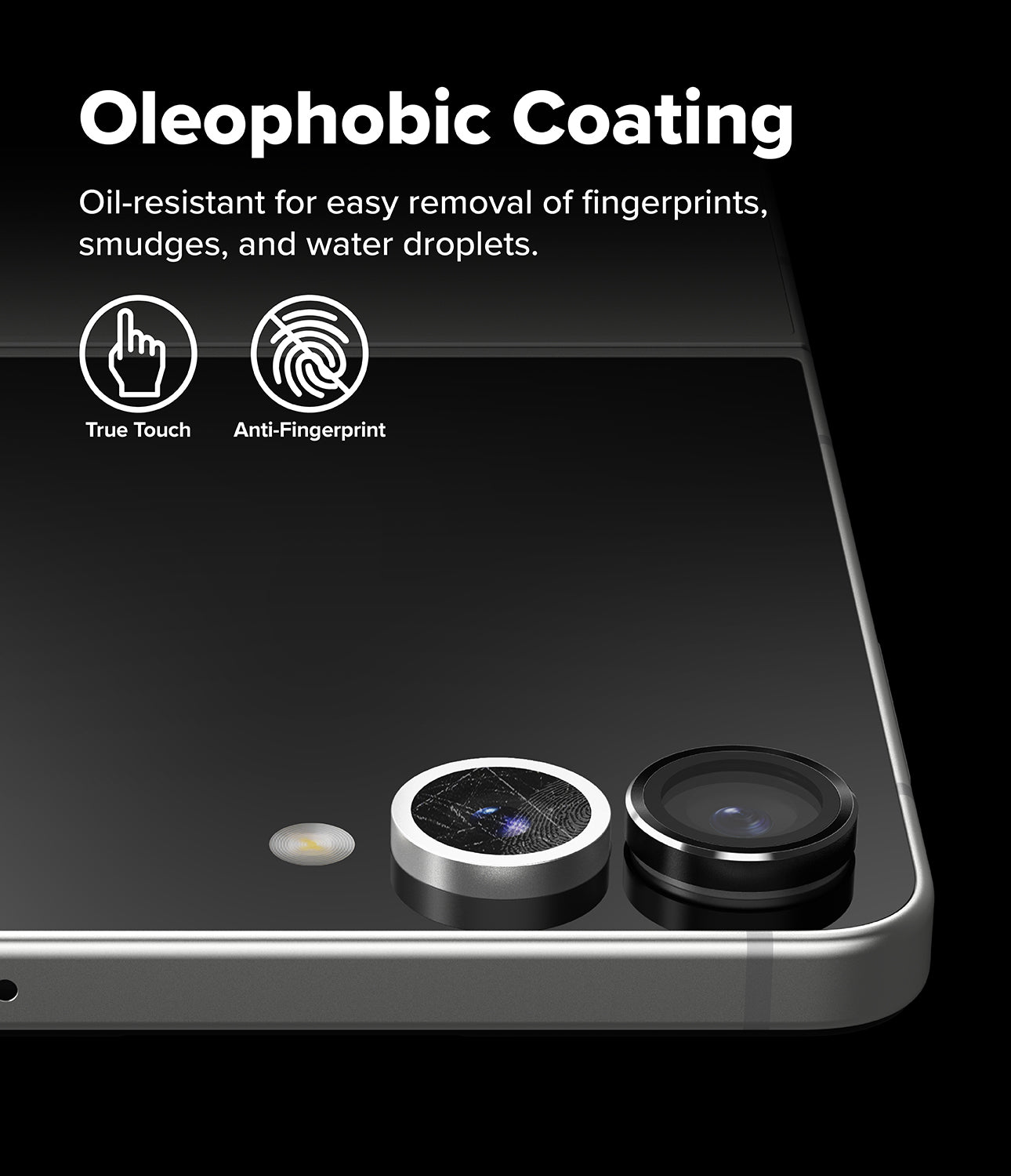 Close-up view of the Ringke camera lens protectors installed on the Galaxy Z Flip 7 camera block.