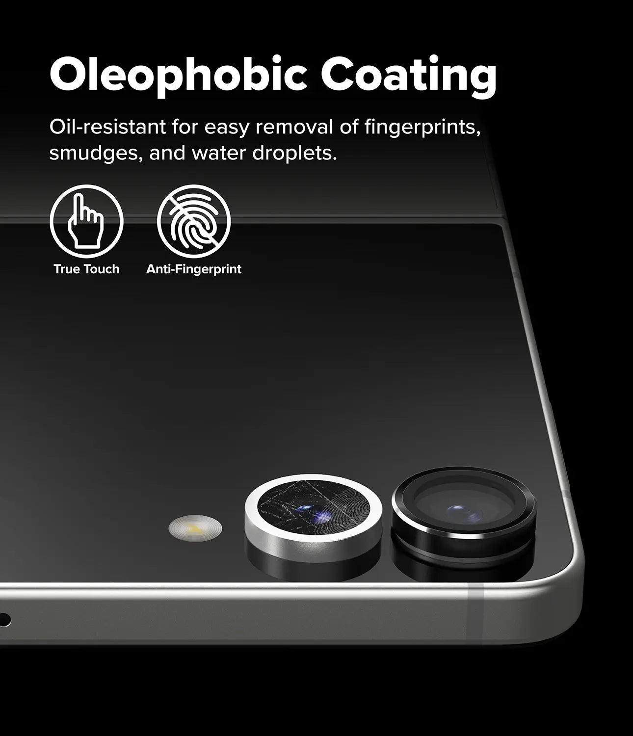 Close-up view of the Ringke camera lens protectors installed on the Galaxy Z Flip 7 camera block.