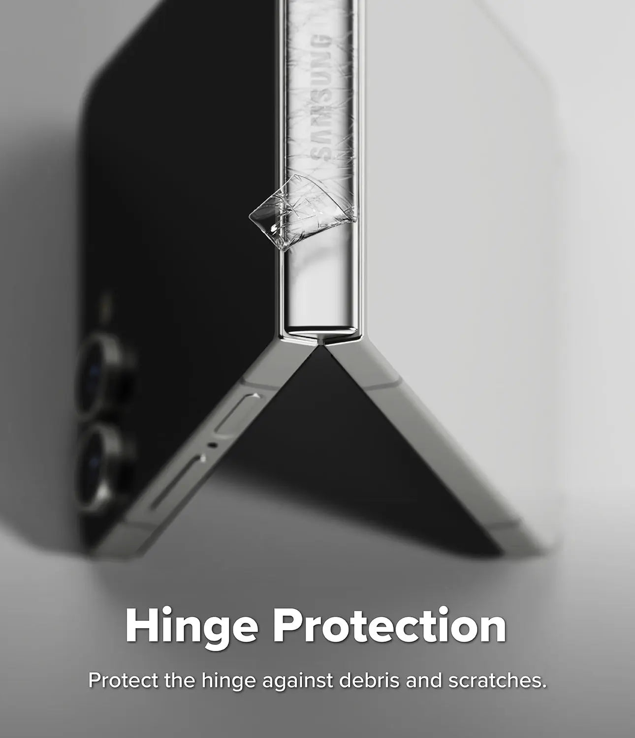 Close-up view of the Galaxy Z Flip 7 with the self-healing EPU film applied to the inner display.
