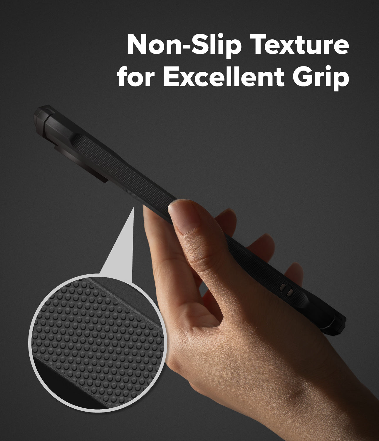 Close-up view of the anti-slip embossed texture and lanyard holes on the side of the Ringke Fusion X case.