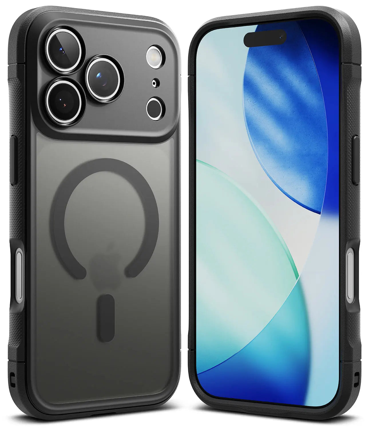Ringke Fusion Bold Magnetic Matte Black case on an iPhone 17 Pro Max, front and back view.