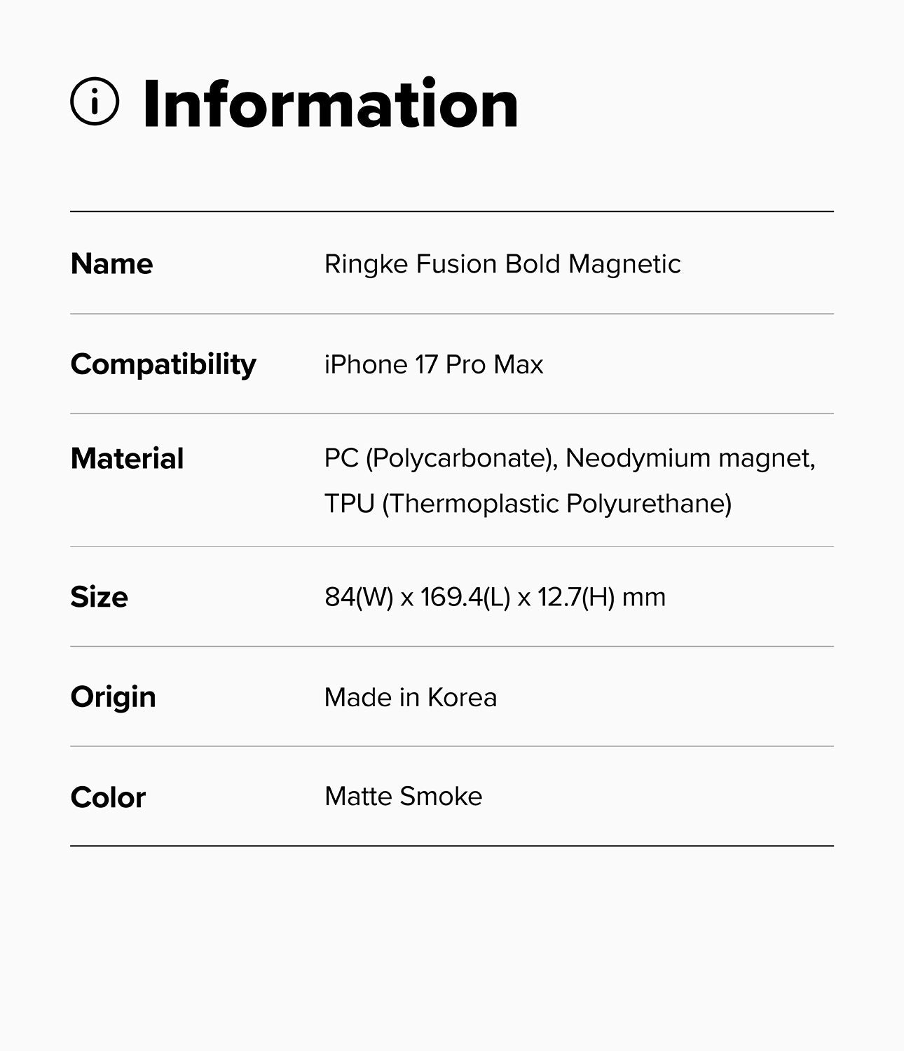 Product information card for Ringke Fusion Bold Magnetic case with specifications.