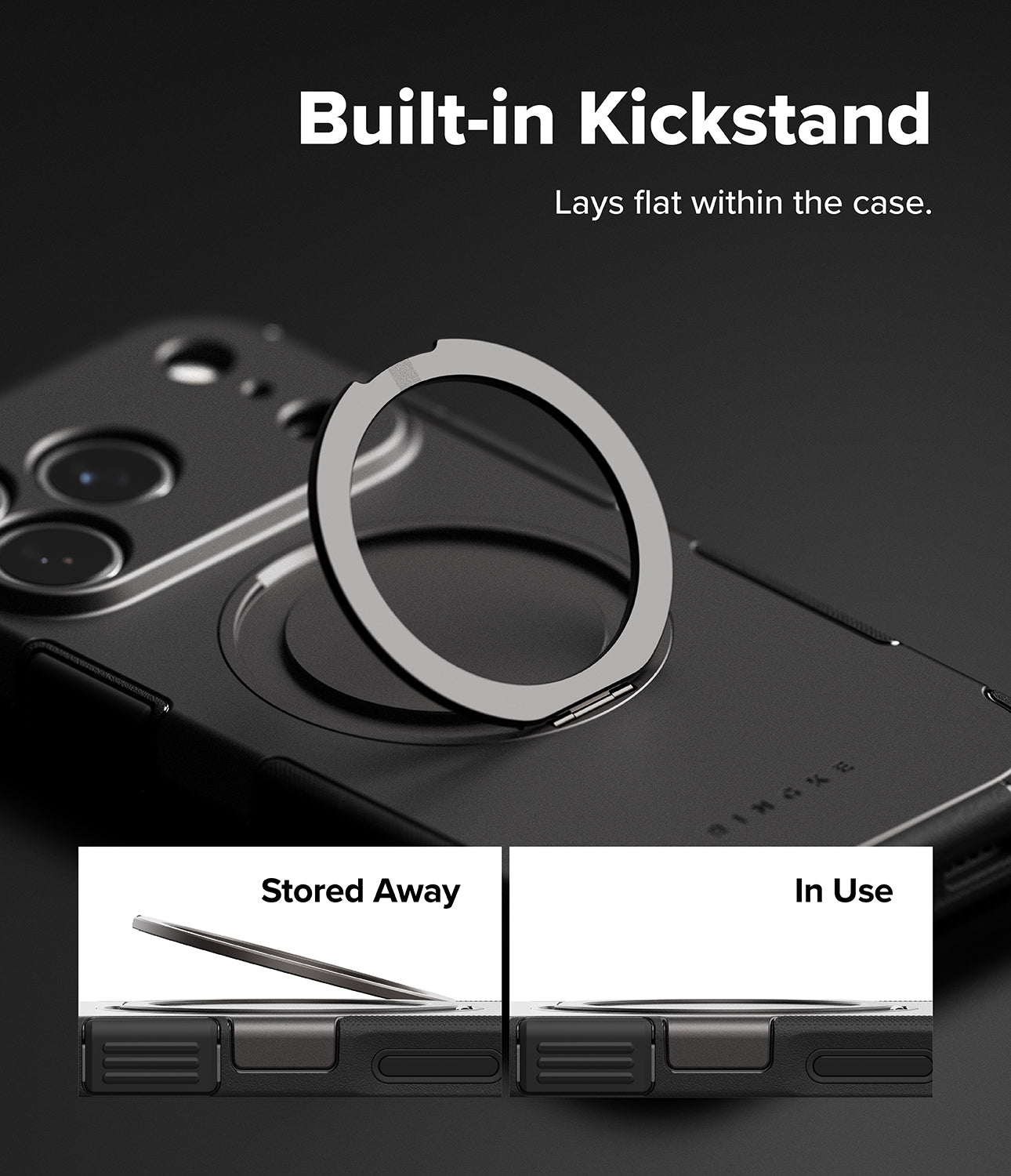 Back view of the Gun Metal Ringke Alles case showing the durable aluminum kickstand and the camera control button cover.
