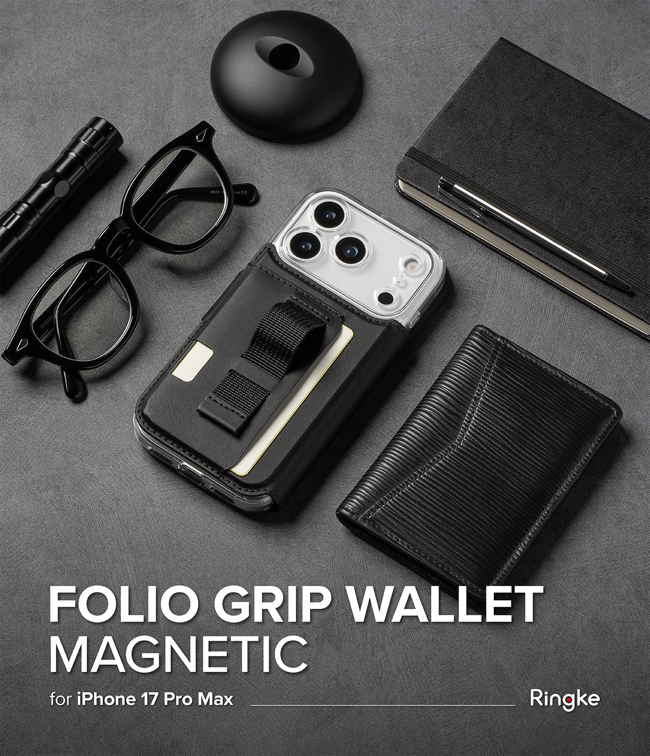 Ringke Folio Grip Wallet Magnetic accessory in black, shown attached to an iPhone 17 Pro Max case.