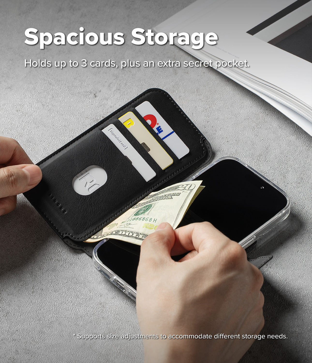 Inside view of the Ringke Folio Wallet for iPhone 17 Pro Max showing the three card slots and one hidden pocket.