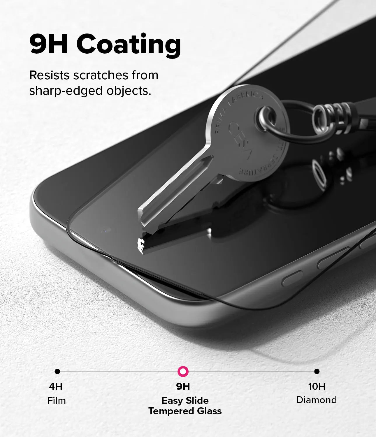 Close-up view of the Ringke tempered glass applied to an iPhone 17 Pro Max screen, showing its clarity and precision fit.