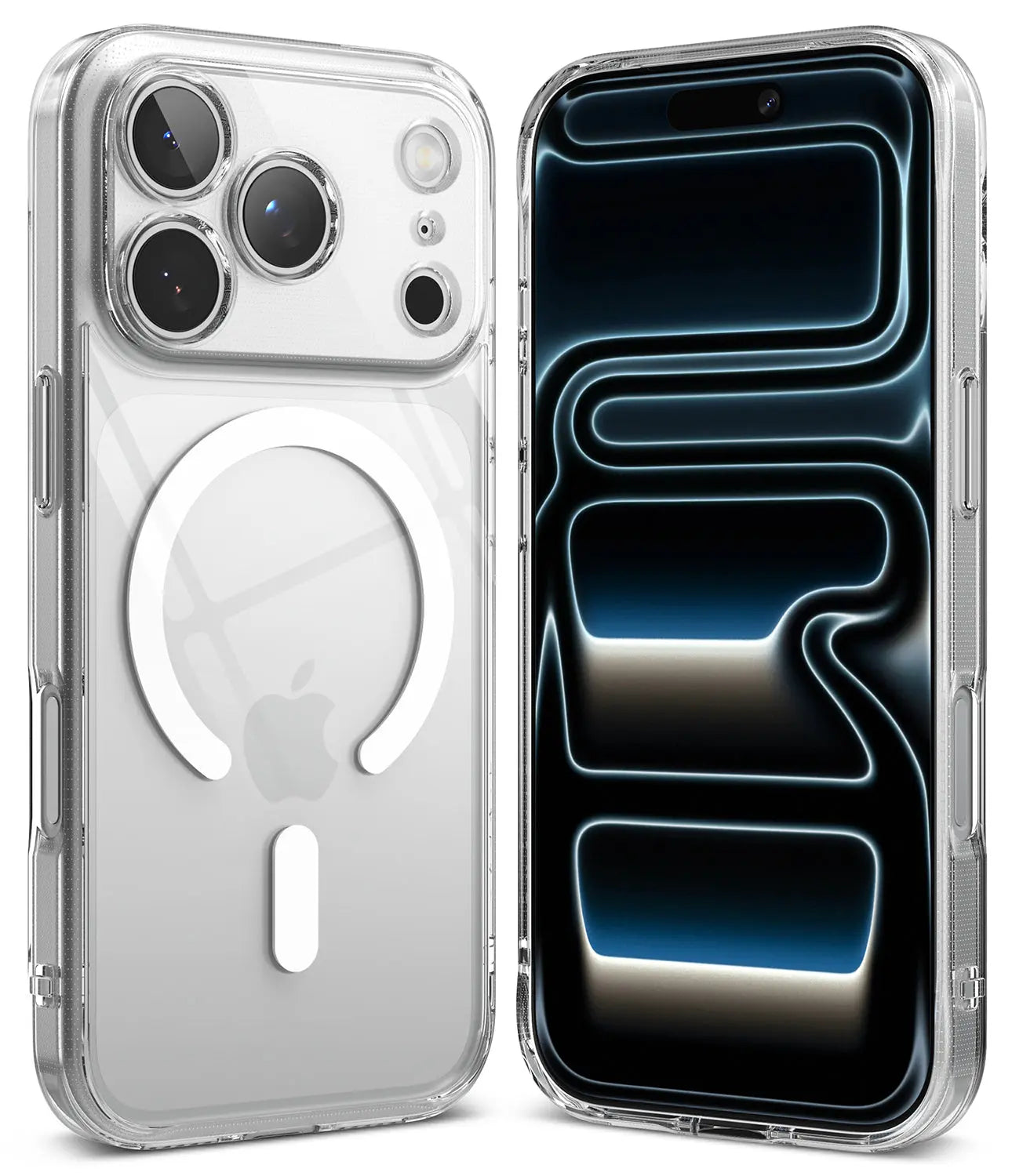 Ringke Fusion Magnetic Clear case on an iPhone 17 Pro, showing the transparent back and MagSafe ring.