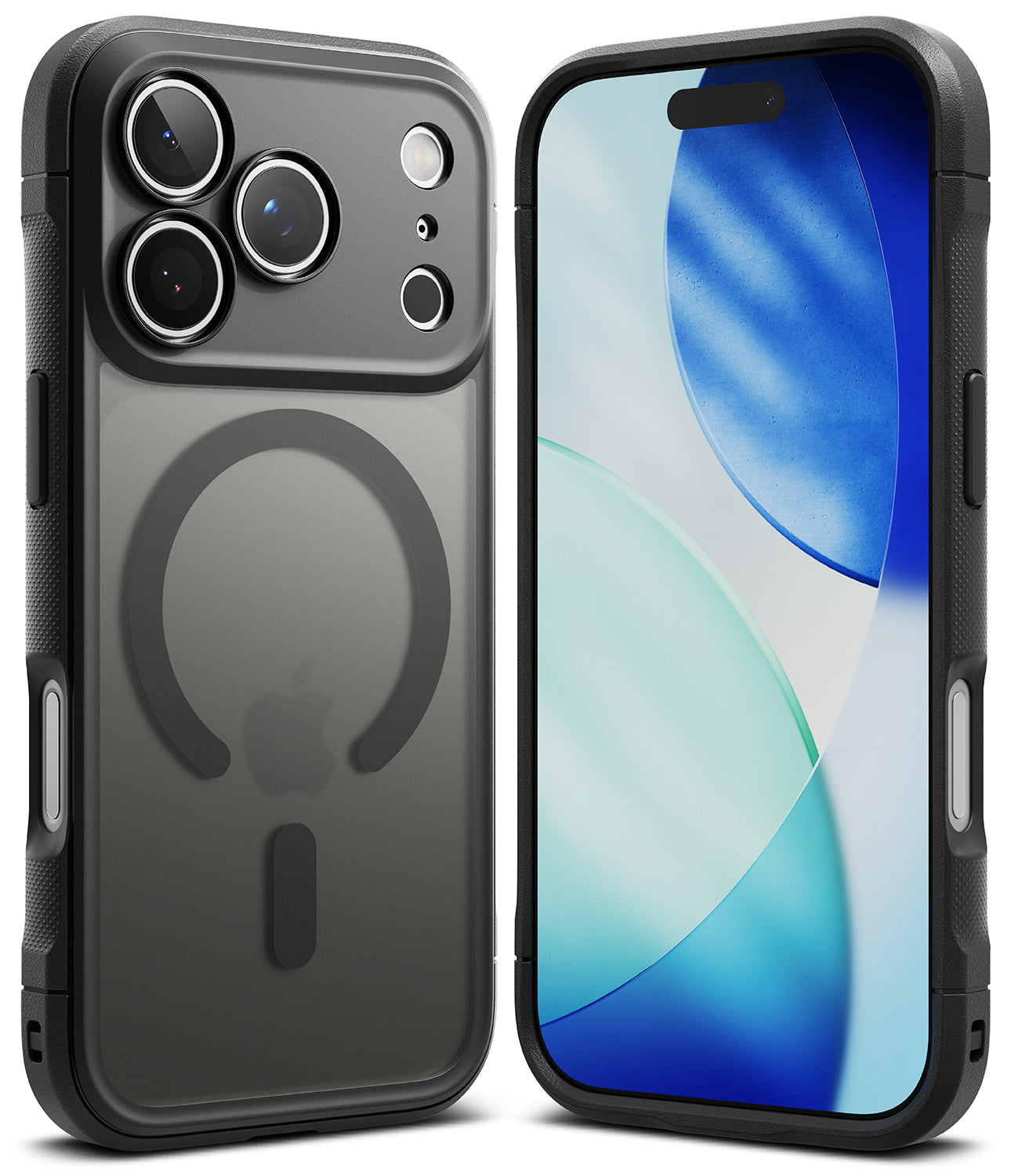 Ringke Fusion Bold Magnetic Matte Black case on an iPhone 17 Pro, front and back view.