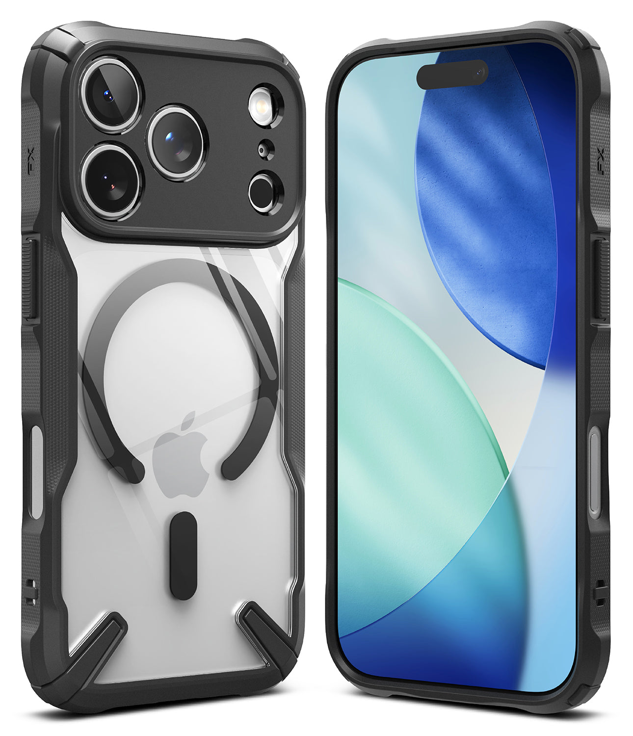 Ringke Fusion X Magnetic case in Black for iPhone 17 Pro, showing the rugged bumper and clear back.