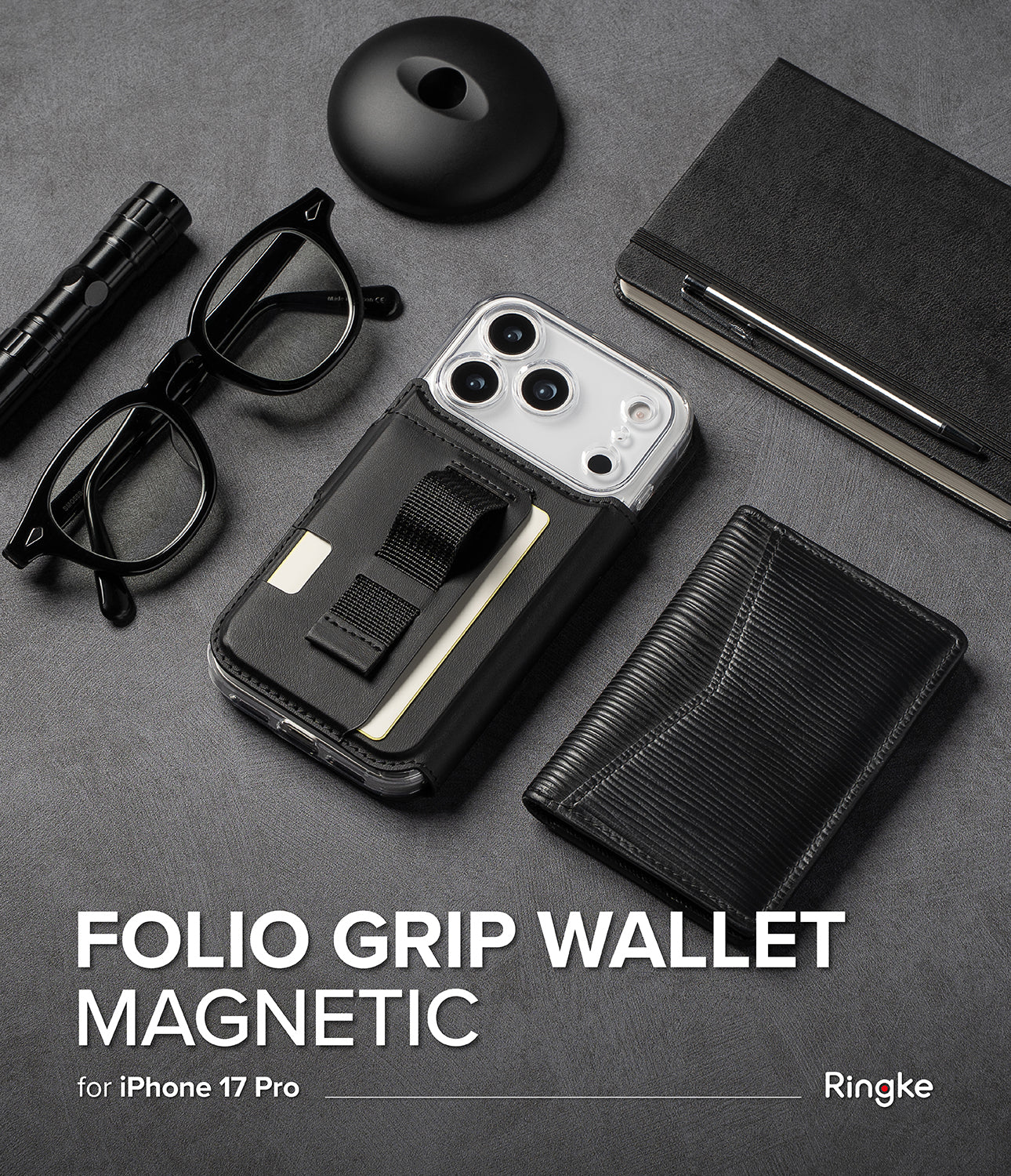 Ringke Folio Grip Wallet Magnetic accessory in black attached to an iPhone 17 Pro case.